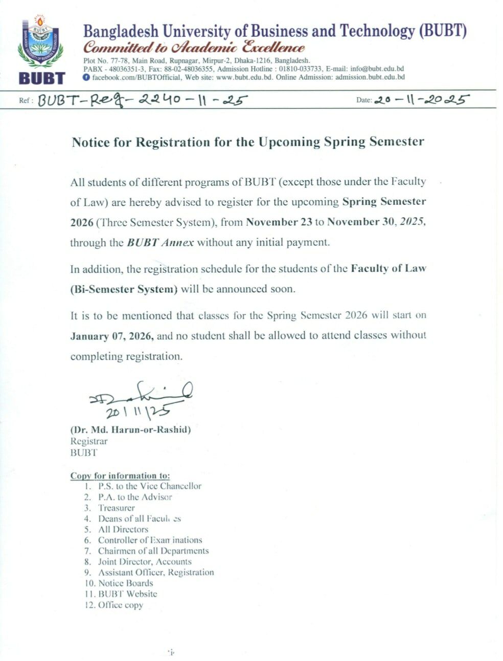 Notice for Registration for Spring 2026 Semester except newly admitted ...