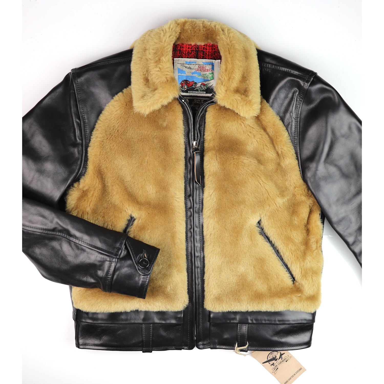Custom Aero Grizzly leather jackets with golden mouton lining