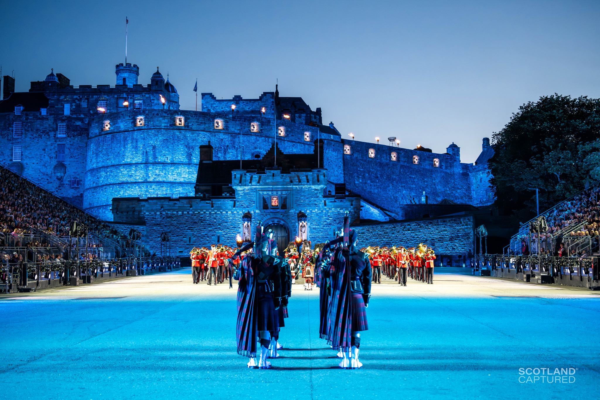 The massed pipes and drums march out of the Royal Edinburgh