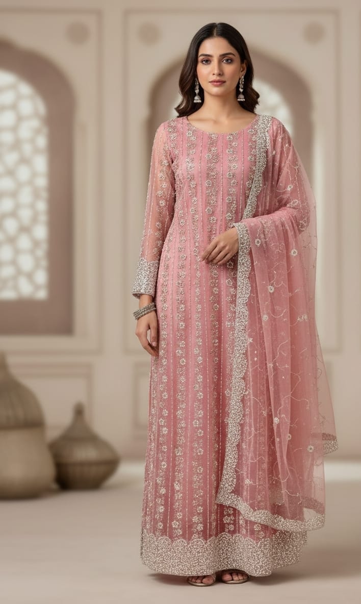 Turkish cut Dana net fabric long shirt back duppta also cut Dana work but not same as front 2pc