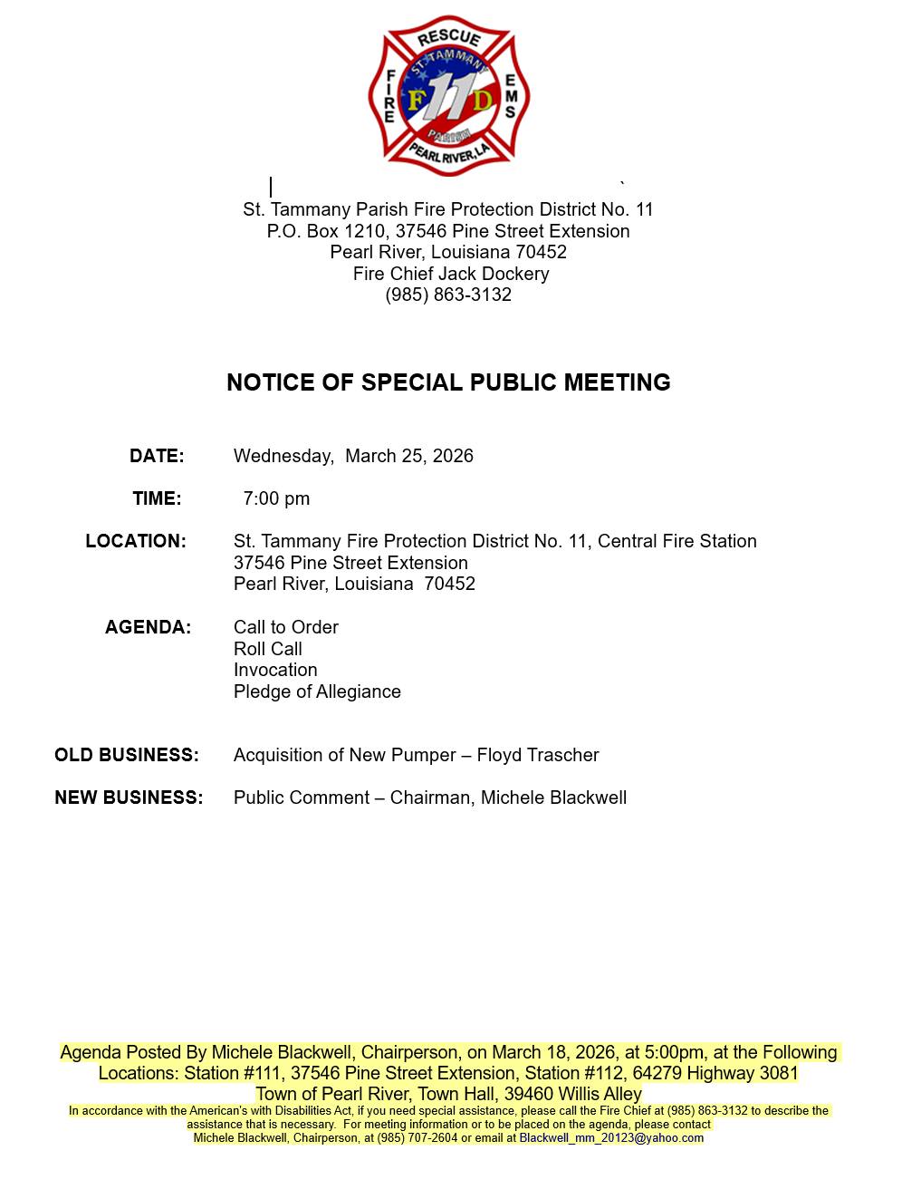 Notice of Special Public Meeting on Wednesday, March 25, 2026