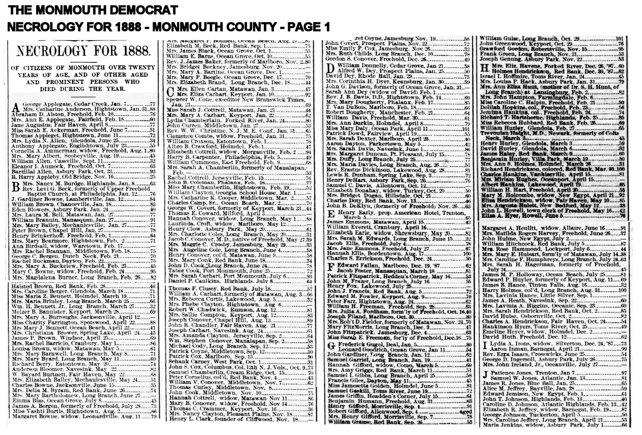 Monmouth county necrology list for 1888 | Freehold, NJ