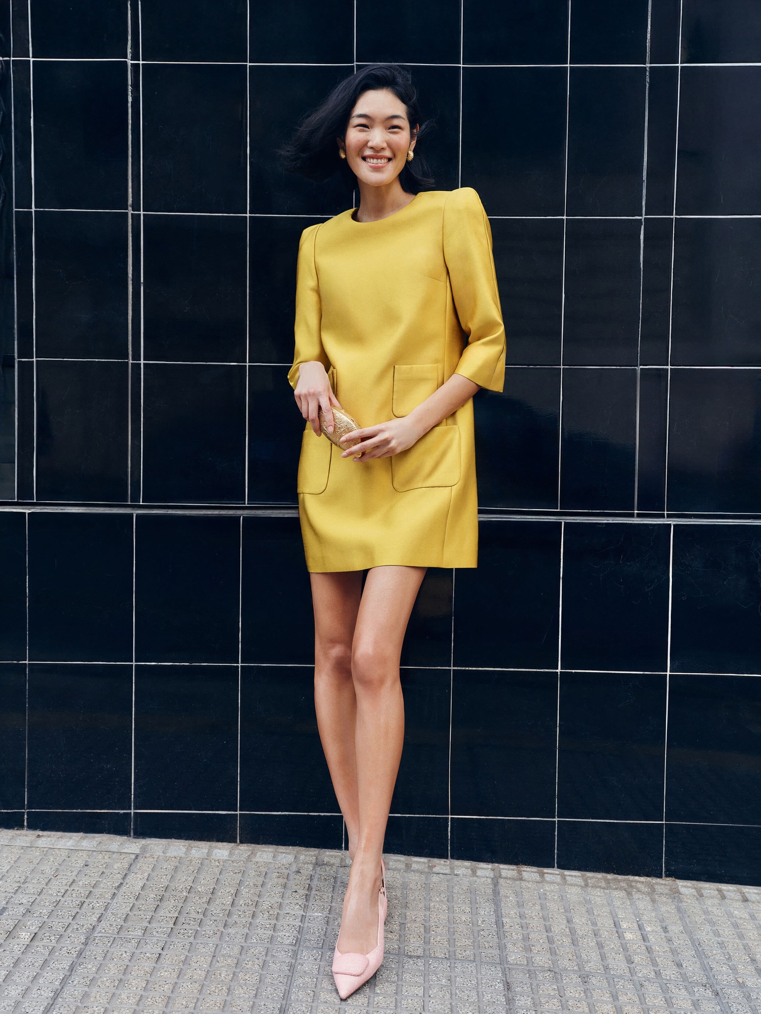 marigold muse yellow satin mini dress Marbelle Light weight satin material Slight stretch One shoulder design White contrast neckline trim Mini length Fully lined Invisible left side zip One shoulder design Thin adjustable strap Stretch elastic back band MISA Ellu Dress, S /