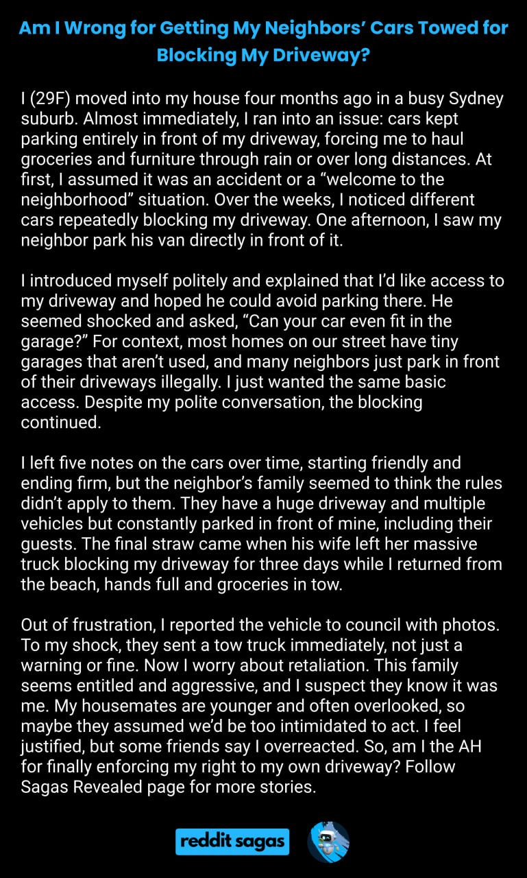 Reddit - Am I Wrong for Getting My Neighbors’ Cars Towed for Blocking ...