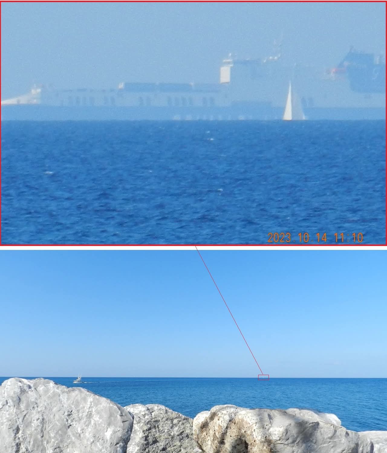 Ship on horizon with waves covering the bottom