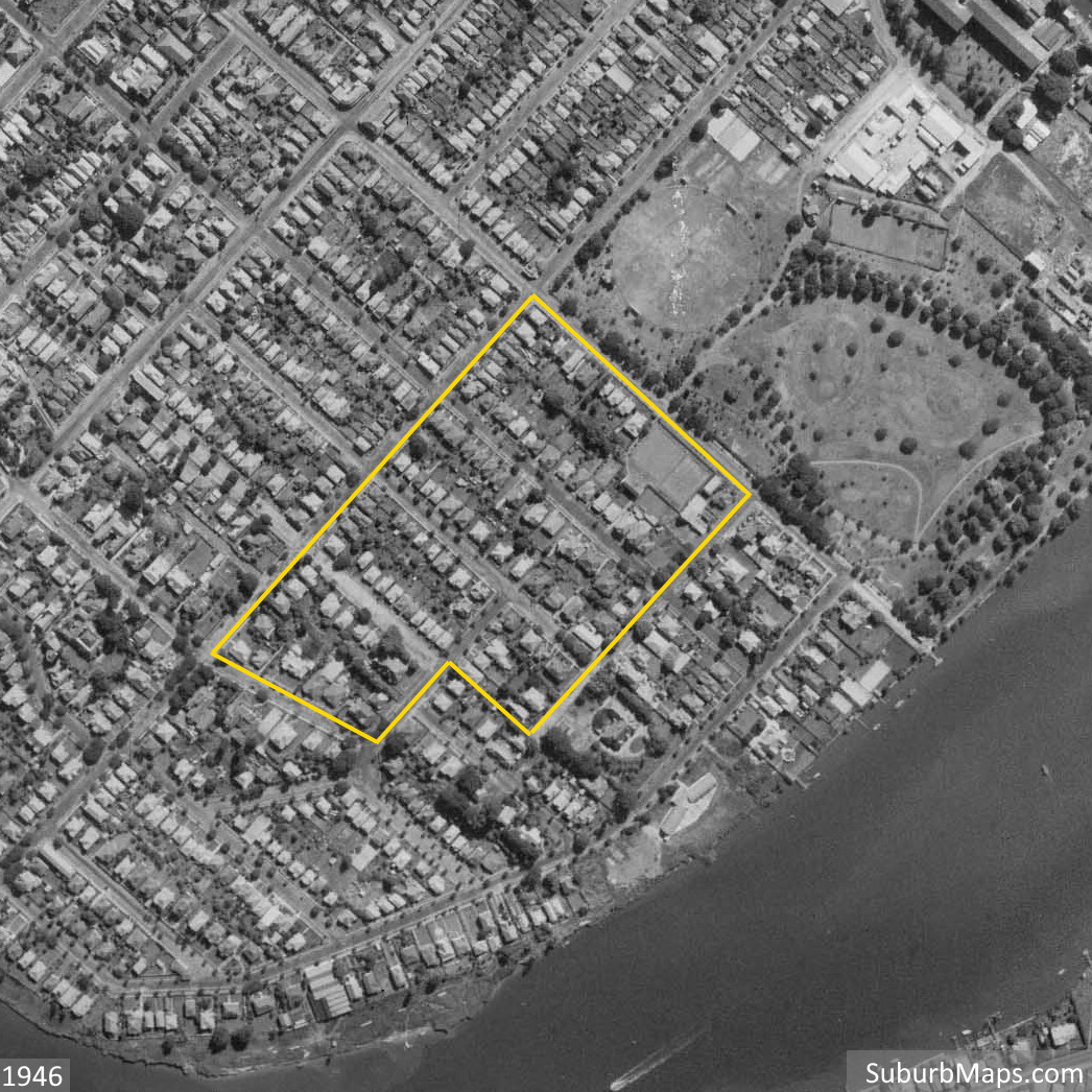 SuburbMaps.com - 1946 Aerial Photo of New Farm showing the location of ...