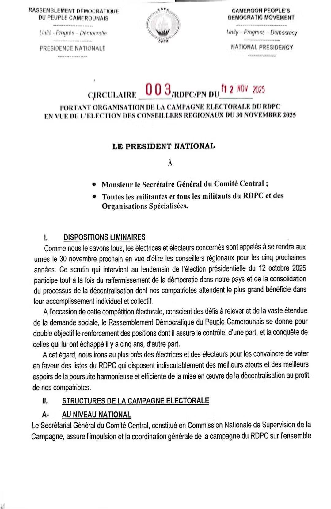 CIRCULAIRE N°003/RDPC/PN DU 12 NOVEMBRE 2025 PORTANT ORGANISATION DE LA ...