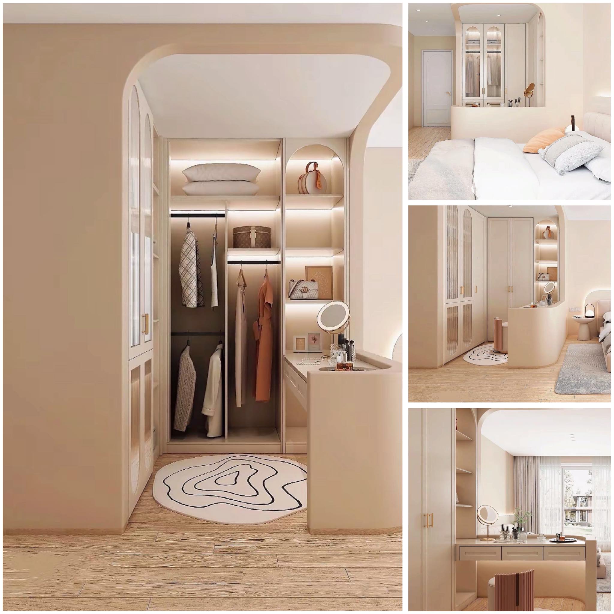modern dressing room design Where elegance meets functionality 🤍✨ This beautifully designed wardrobe corner transforms a compact space into a refined, multi-functional area. Soft curves, warm neutral tones, and integrated lighting create a calm, luxurious bridal style Corset House: Quinceañera Dresses Furniture Select your size:'-----