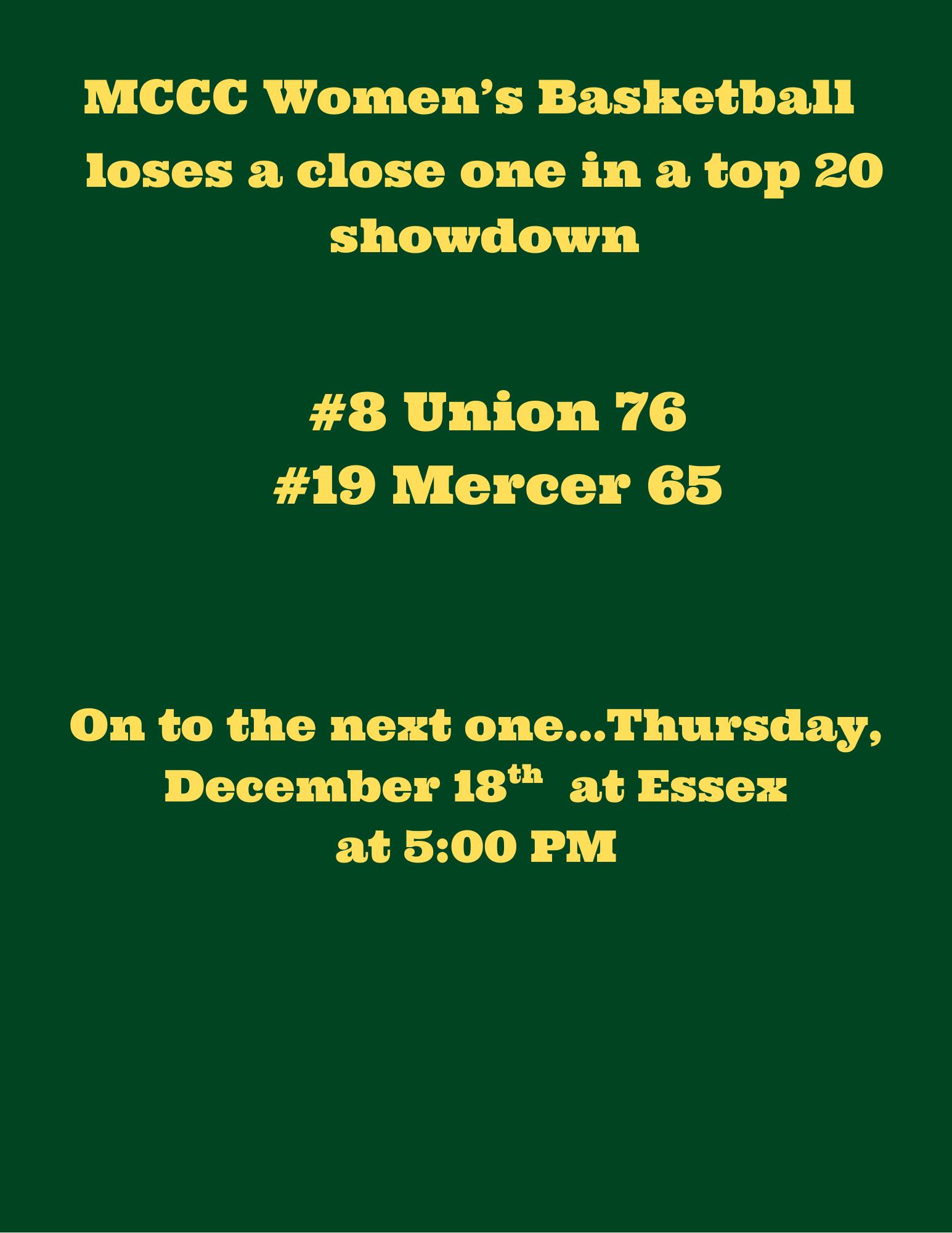 Mercer - MCCC Women's Basketball loses a close one vs #8 Union 76-65 ...