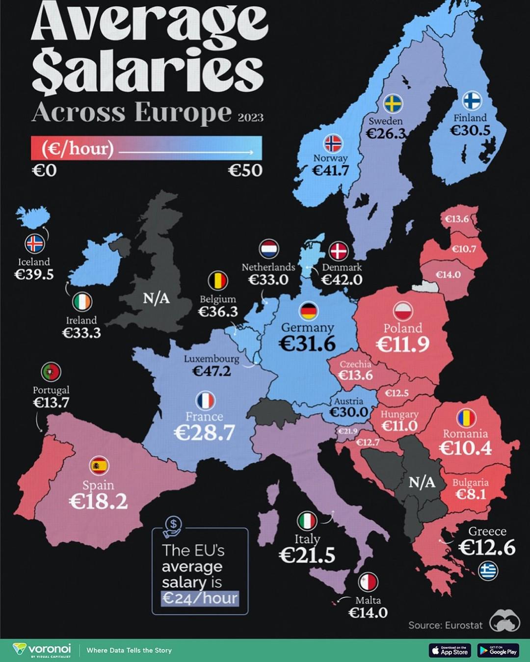 The Atlas - 🌍💶 Average Salaries Across Europe in 2023 (€/hour) In 2023 ...