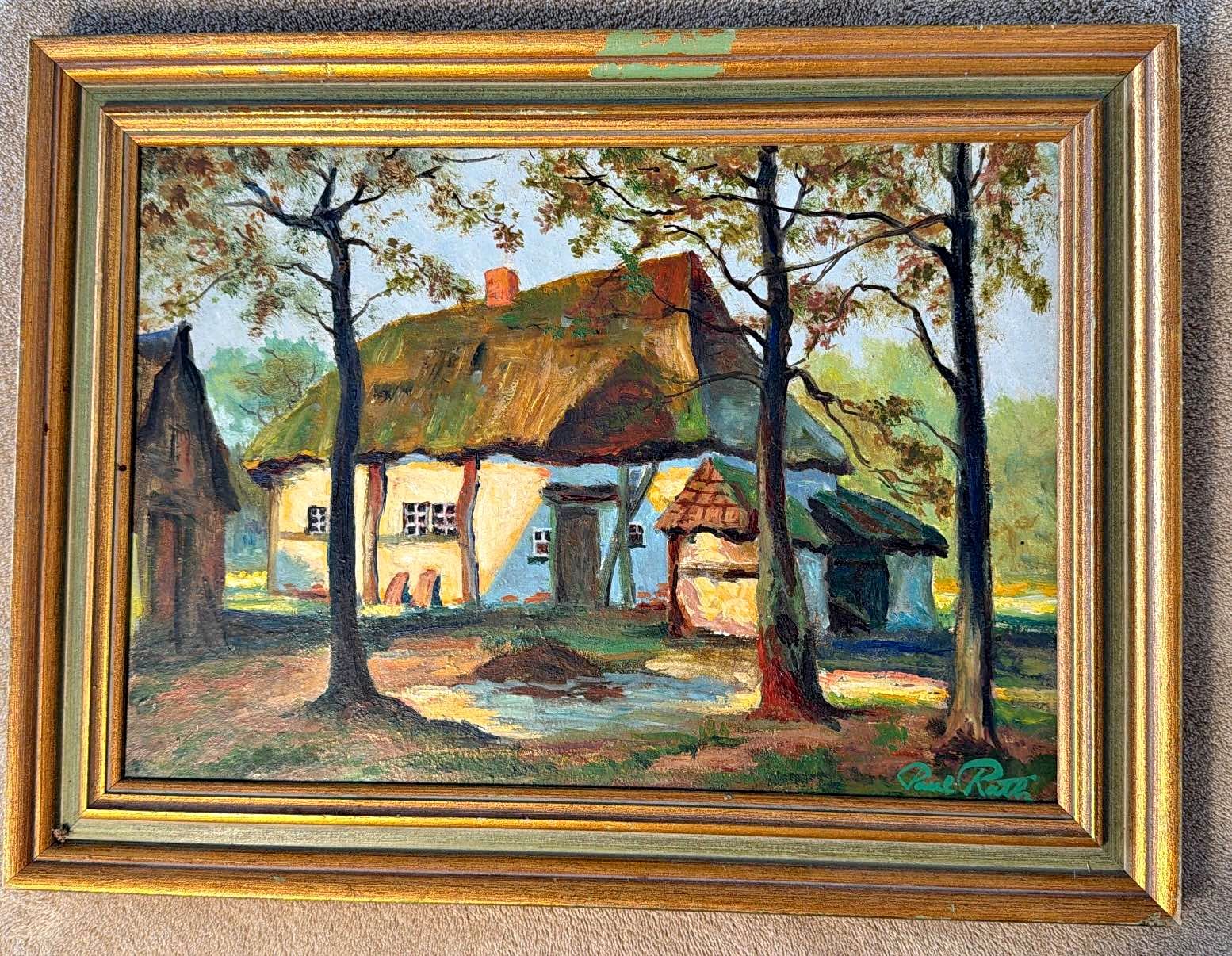 13 “ x 9 “Antique Paul Rath Original Oil painting Cottage w/Thatched ...
