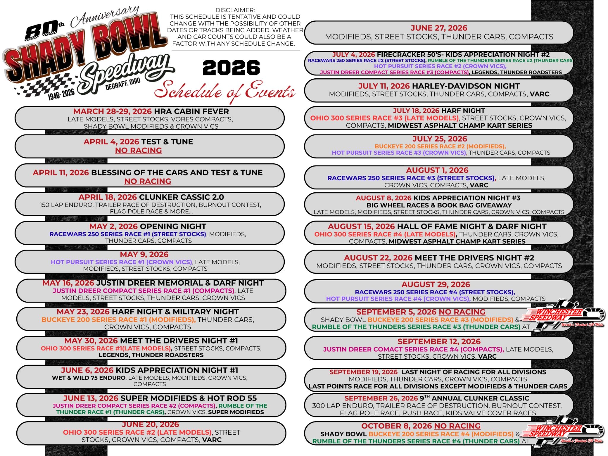 Tenative 2026 schedule - Shadybowl Speedway | Facebook