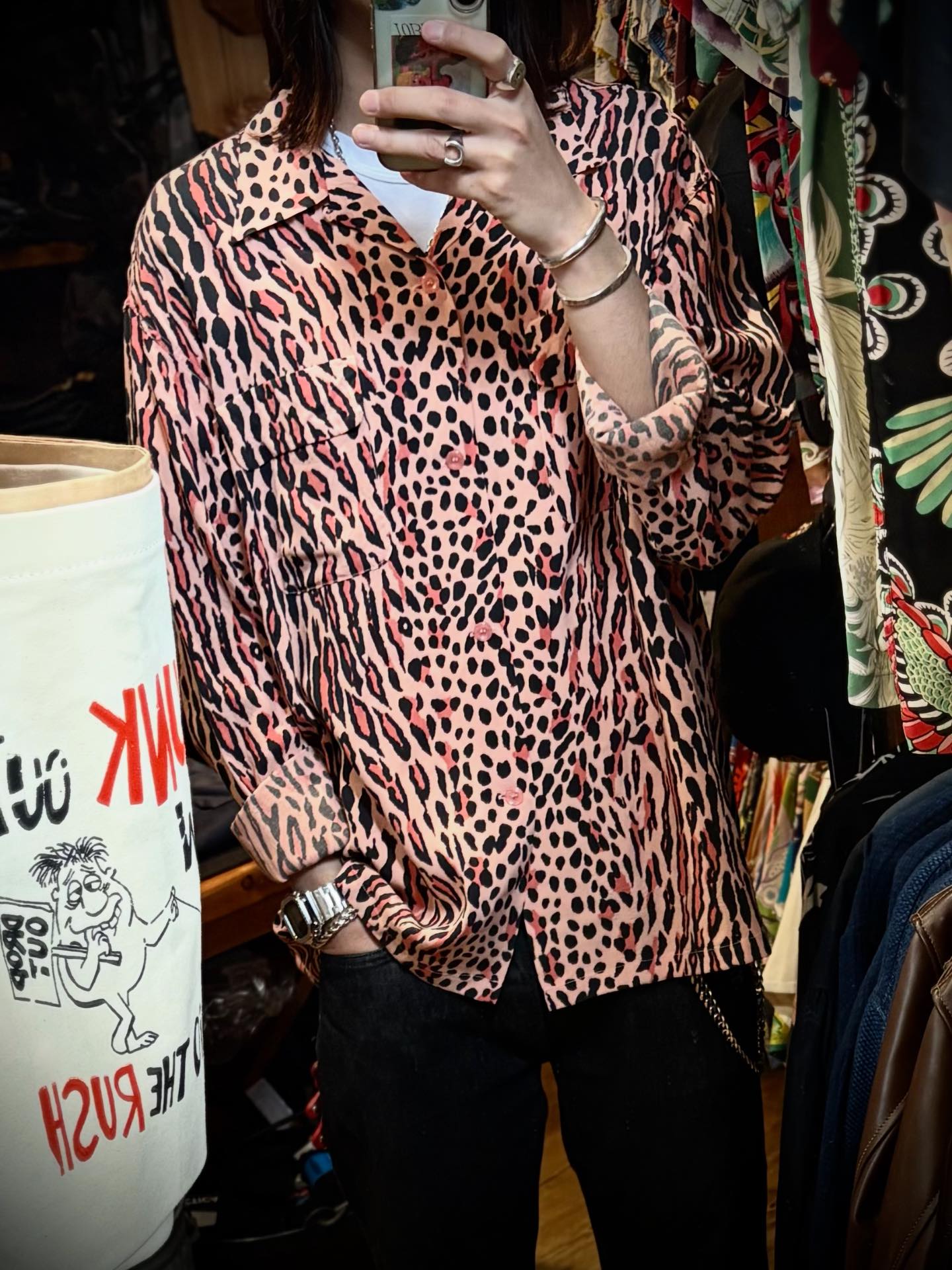 STAR OF HOLLYWOOD HIGH DENSITY RAYON L/S OPEN SHIRT “OCELOT”（PINK