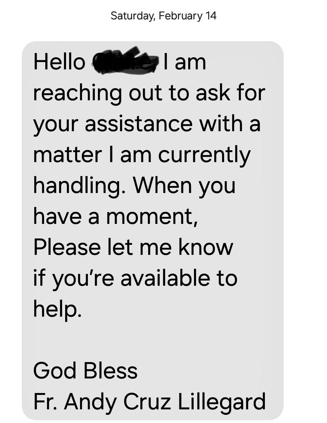 St. - Hi everyone! It’s a scam, it’s not real. Fr. Andy will never EVER ...