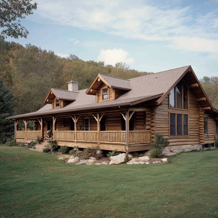 RusticLiving - Come inside this single-level log home with wide front ...