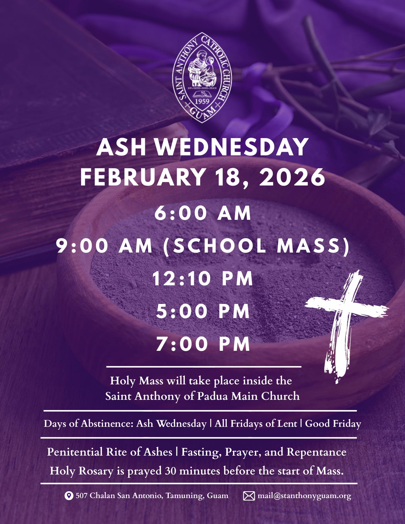 ⛪️ Ash Wednesday Schedule - February 18, 2026 6:00am, 9:00am (School ...