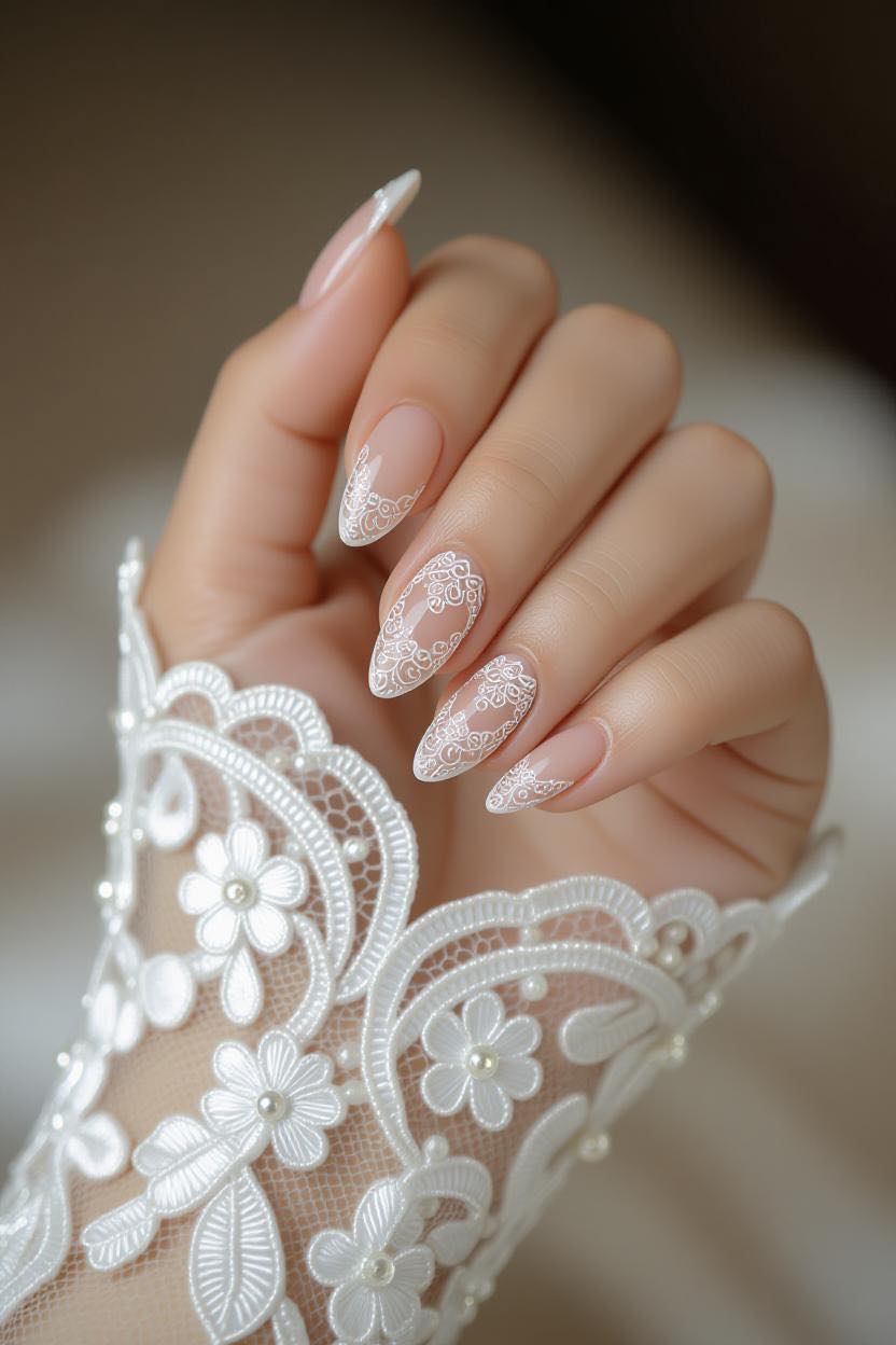 Dainty and chic bridal nails using real pieces of lace 👰🏻‍♀️ #nails #nailart #naildesign #wedding #bride #bridetobe #inspo