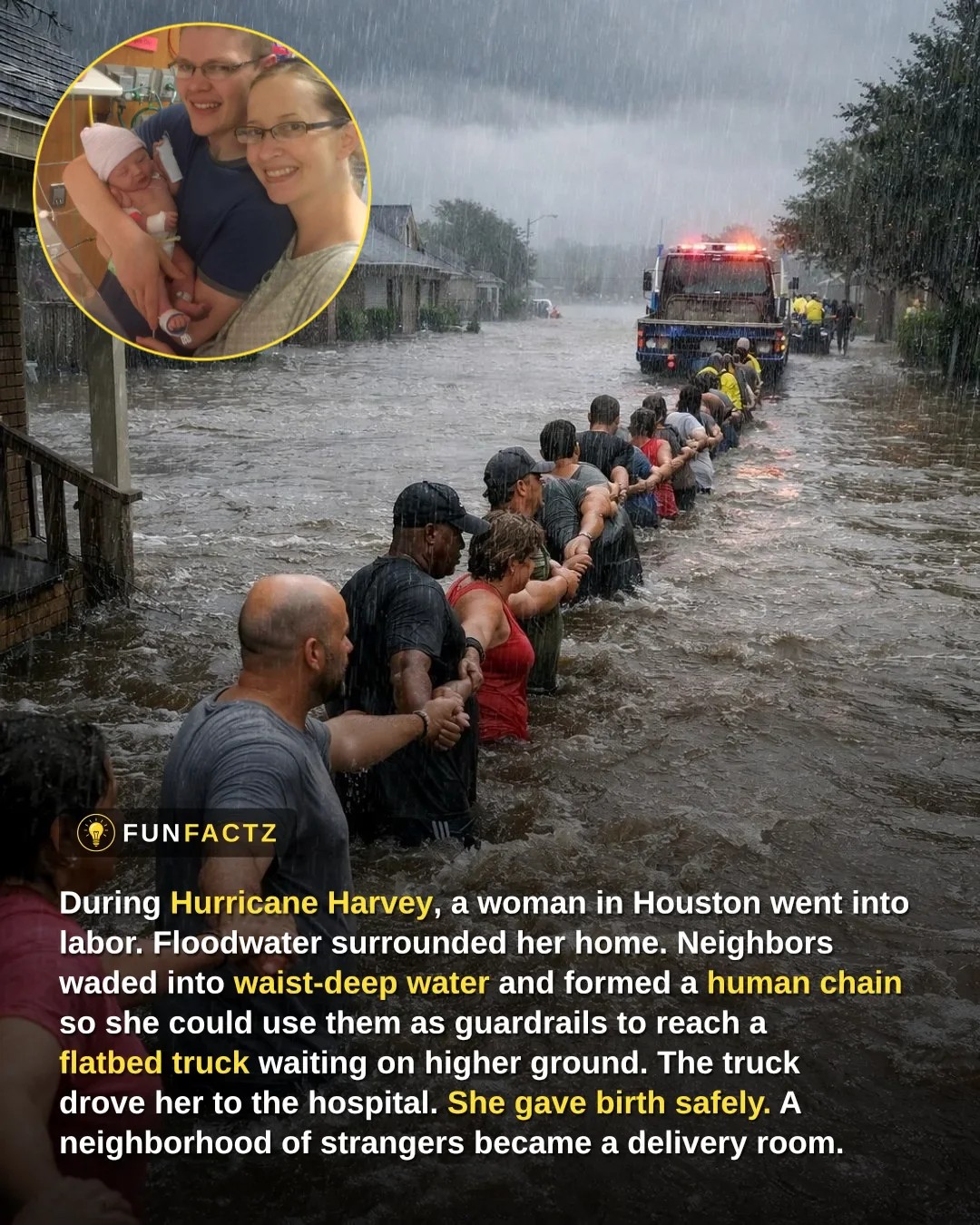 During Hurricane Harvey in Houston, a woman went into labor as floodwaters surrounded her home and roads became impassable. In response, neighbors formed a human chain through the water, carefully guiding her