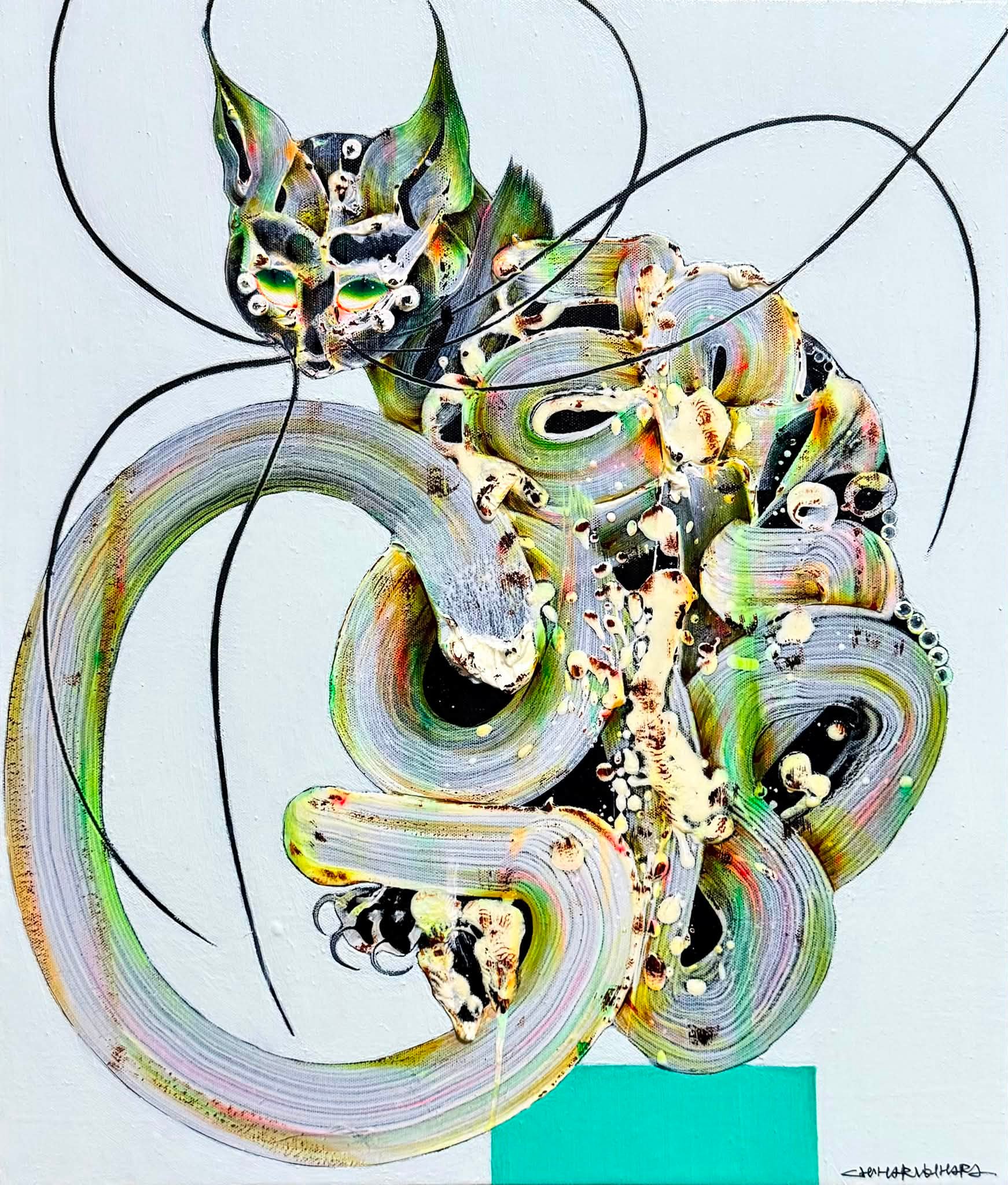 泳猫 2026 oil on canvas 530×455㎜/F10 Chiharu KIHARA ・背景は緑が