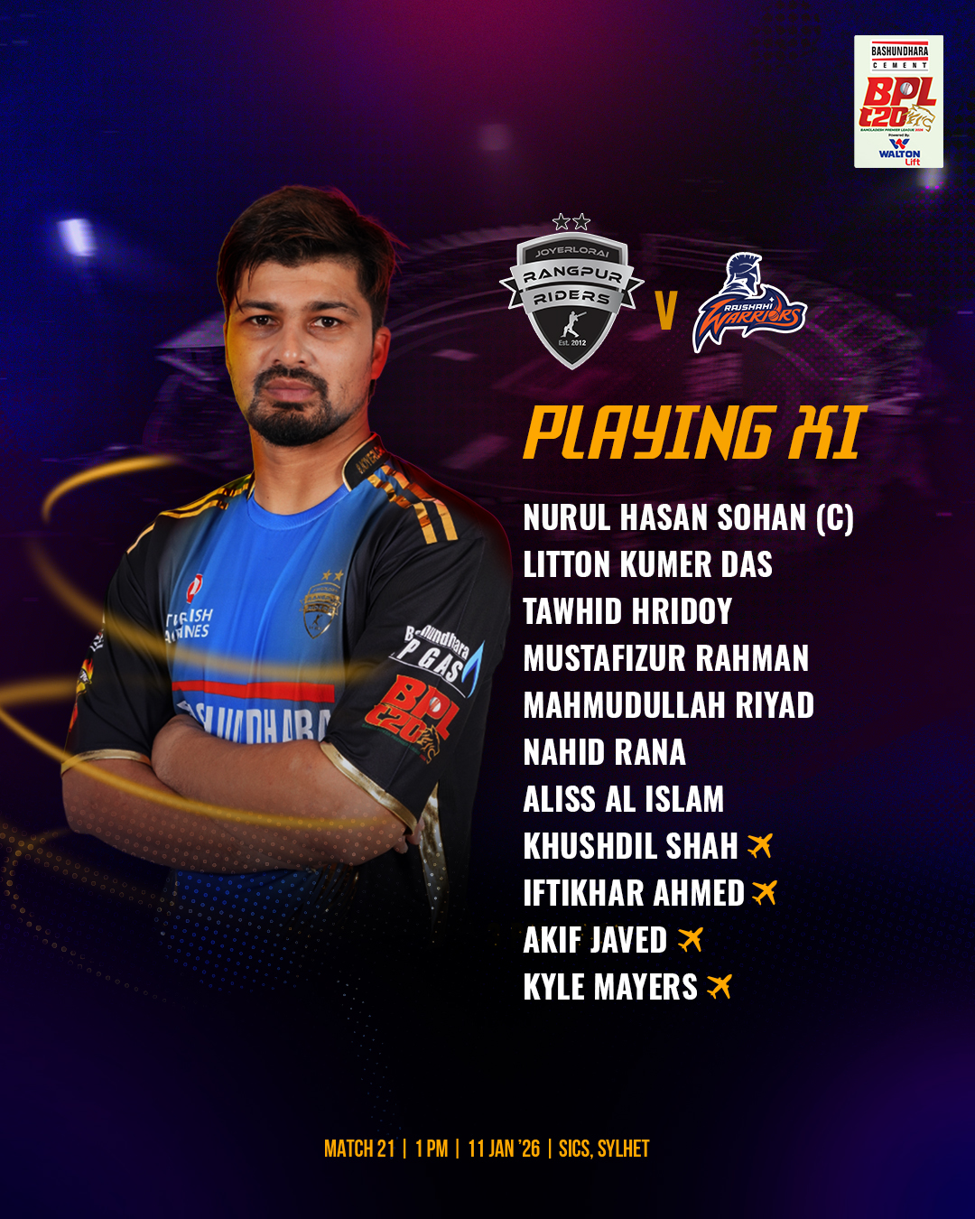 Bangladesh - Rangpur Riders Playing XI | Rajshahi Warriors 🆚 Rangpur ...