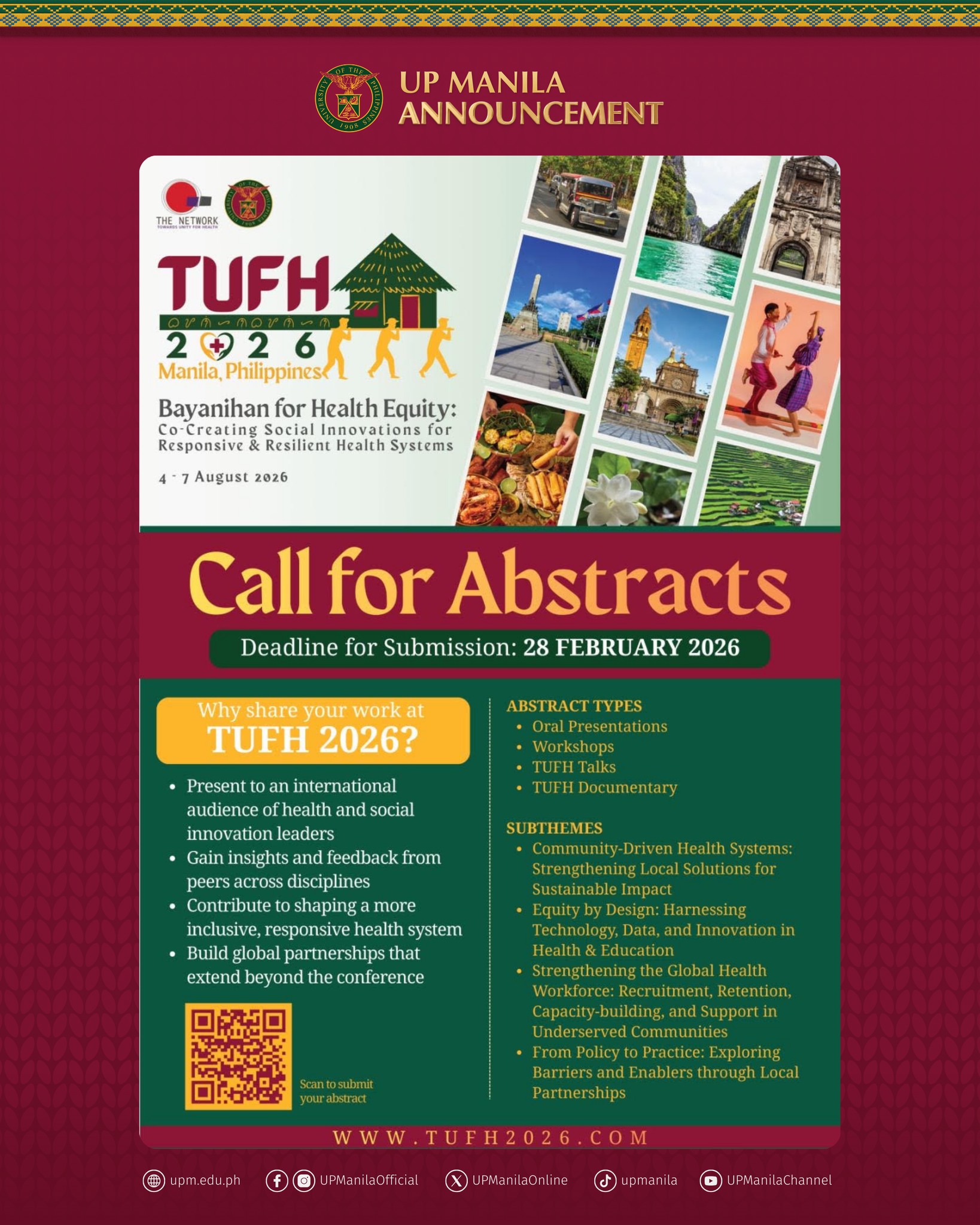University - ANNOUNCEMENT: Call for Abstracts: Towards Unity for Health ...