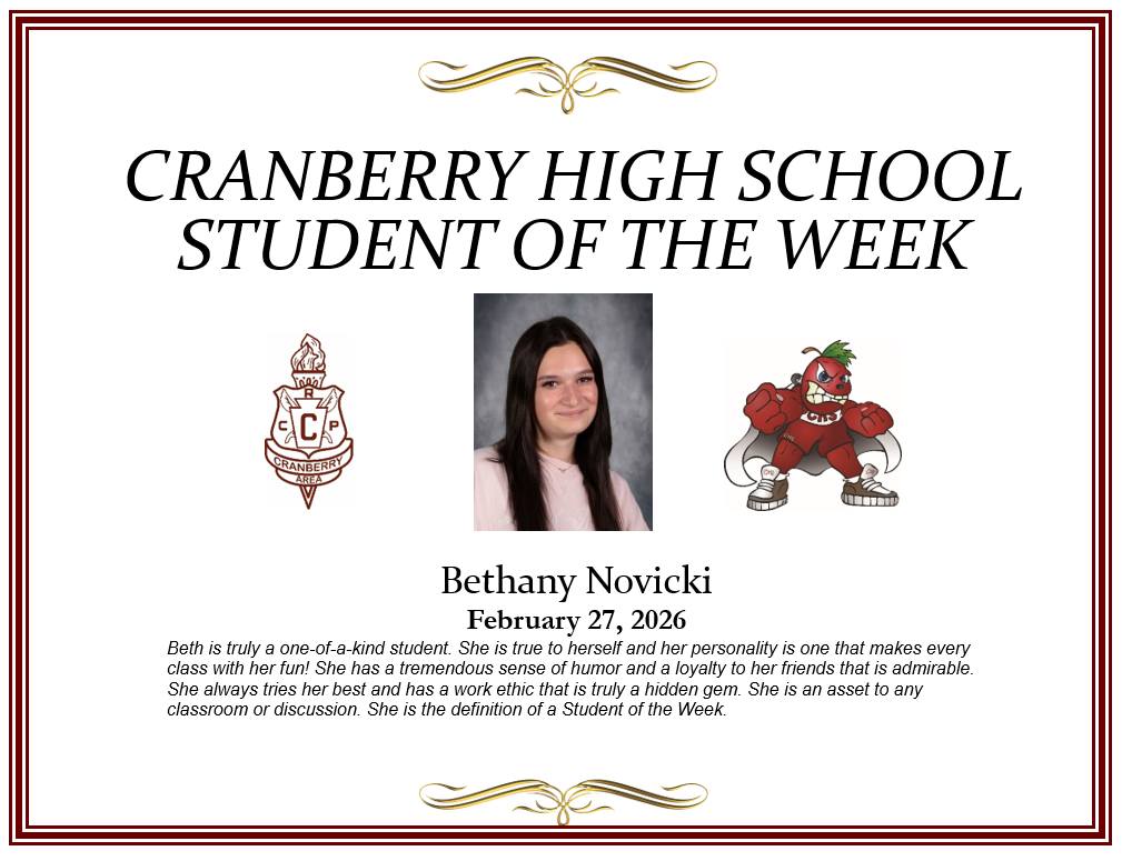 The Cranberry - Congratulations to our Student of the Week, Bethany ...