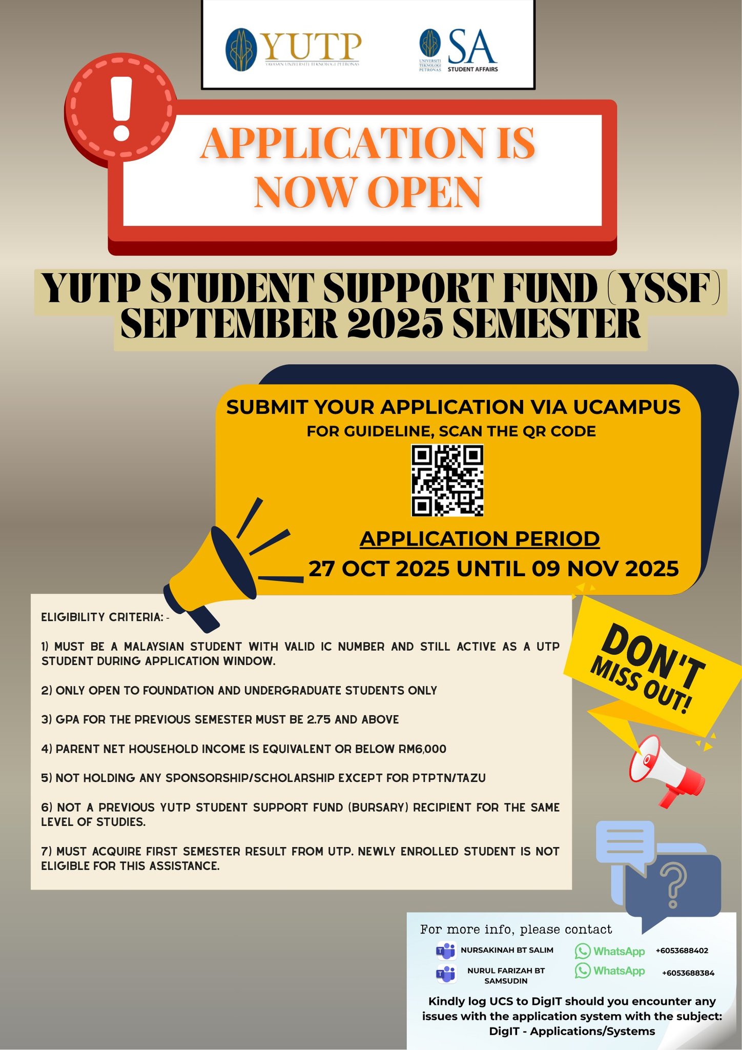 UTP - 🎓 Need Financial Support This Semester? Applications YUTP Student ...
