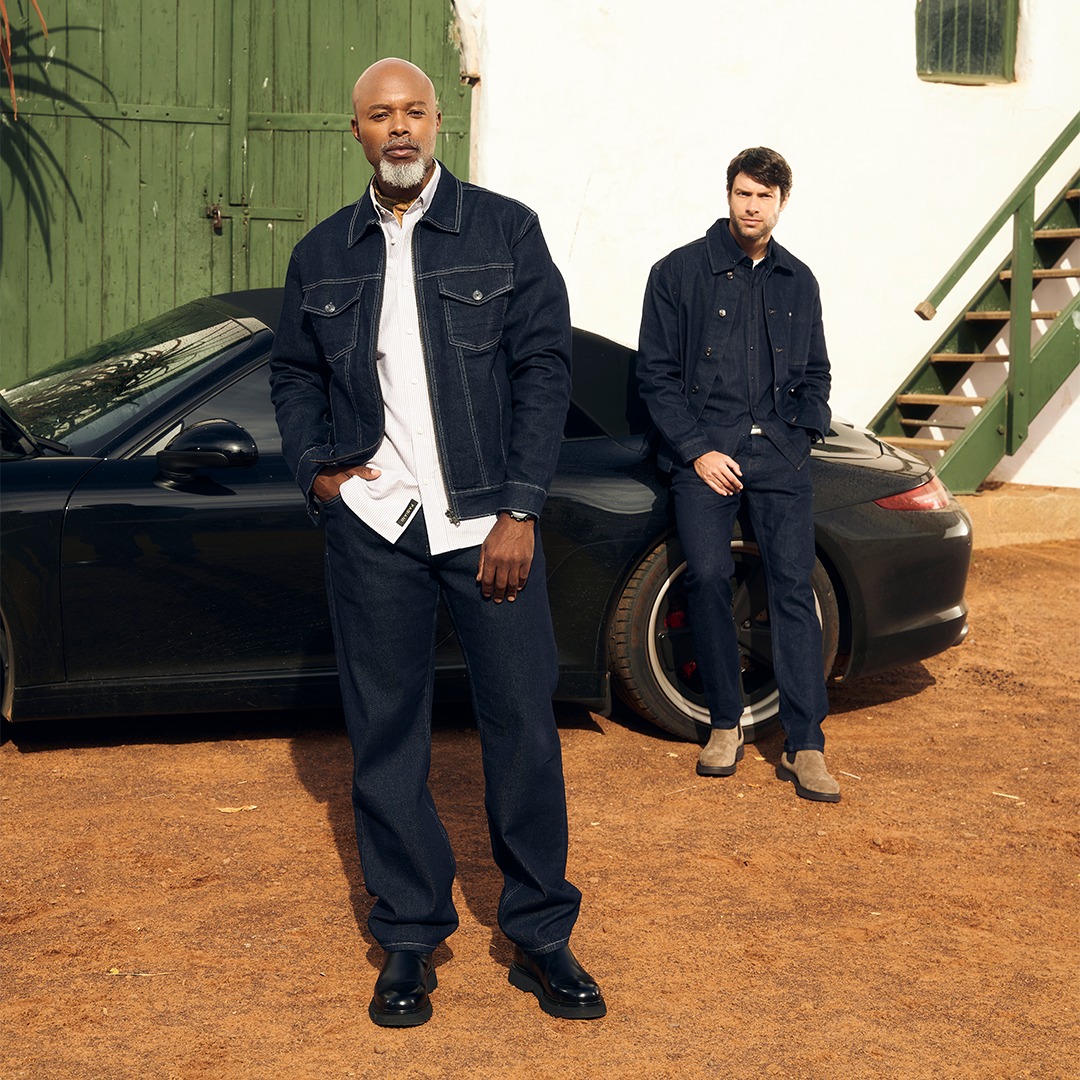 Thapelo Mokoena in Fabiani utility denim. A structured dark-wash