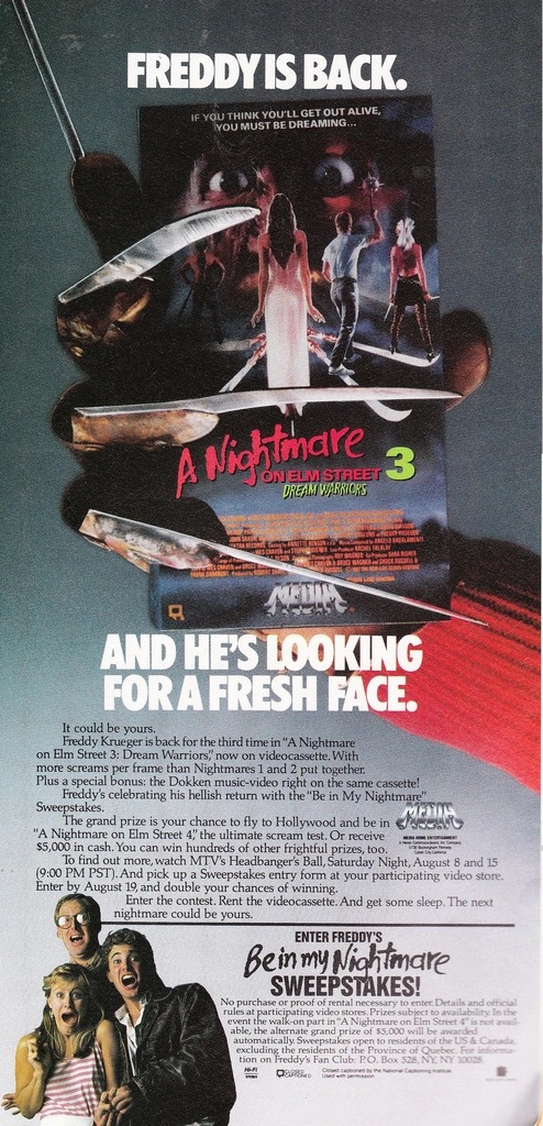 A Nightmare on Elm Street 3: Dream Warriors - VHS ad, 1987