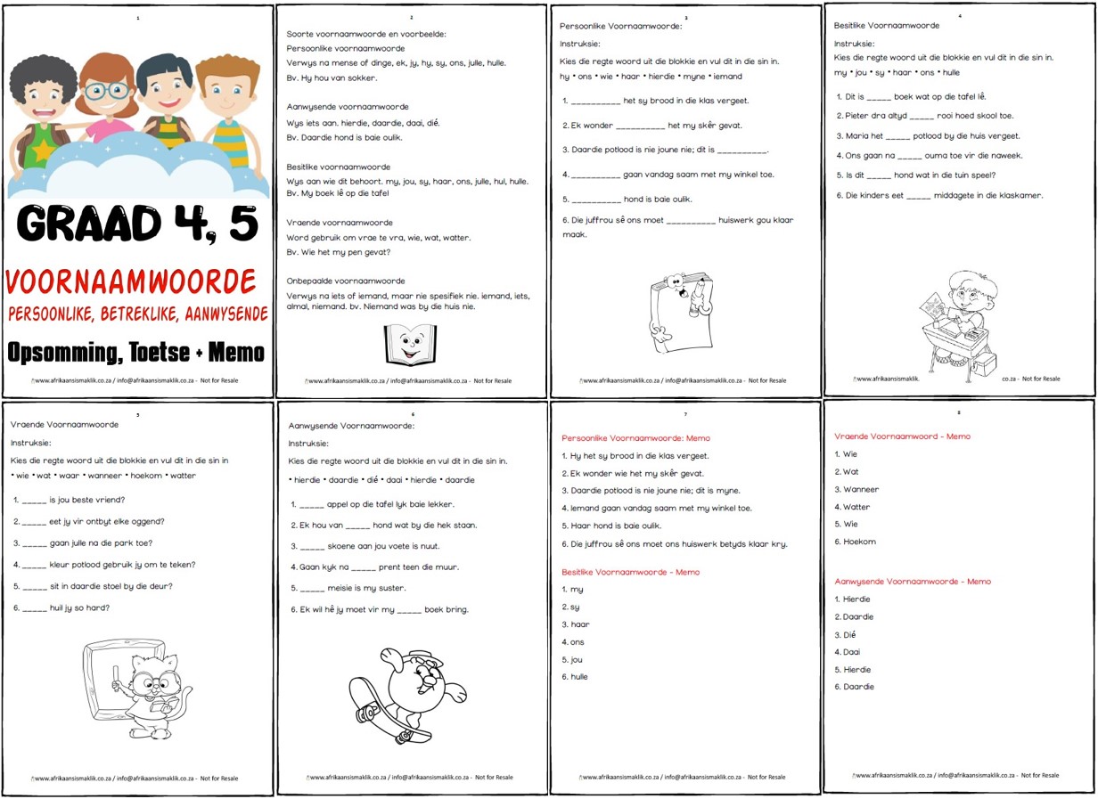 Afrikaans - 📣Graad 4 + 5 📣Voornaamwoorde Opsomming + Toetse + Memo 📌R25 ...