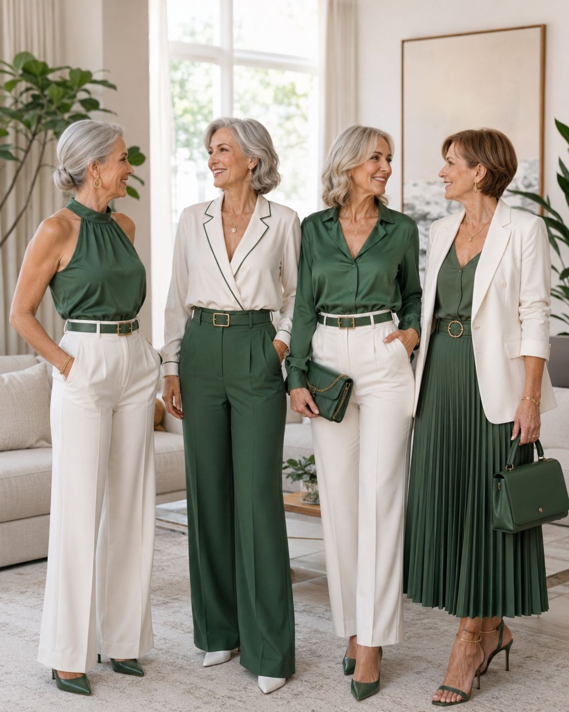 green and white dress code & 4 ways 1. Green halter top + white wide pants + green belt with gold buckle + green pointed pumps + gold hoops. 2. White wrap blouse with green inv-57