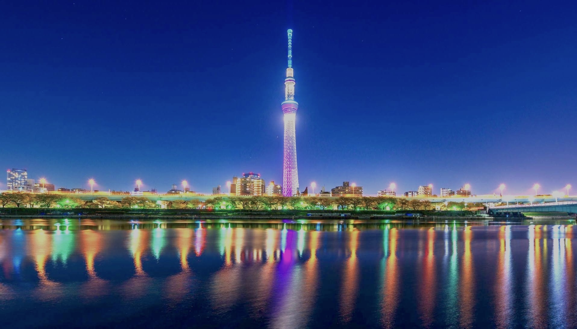 Night view of Tokyo Skytree and the Arakawa River. 東京スカイ