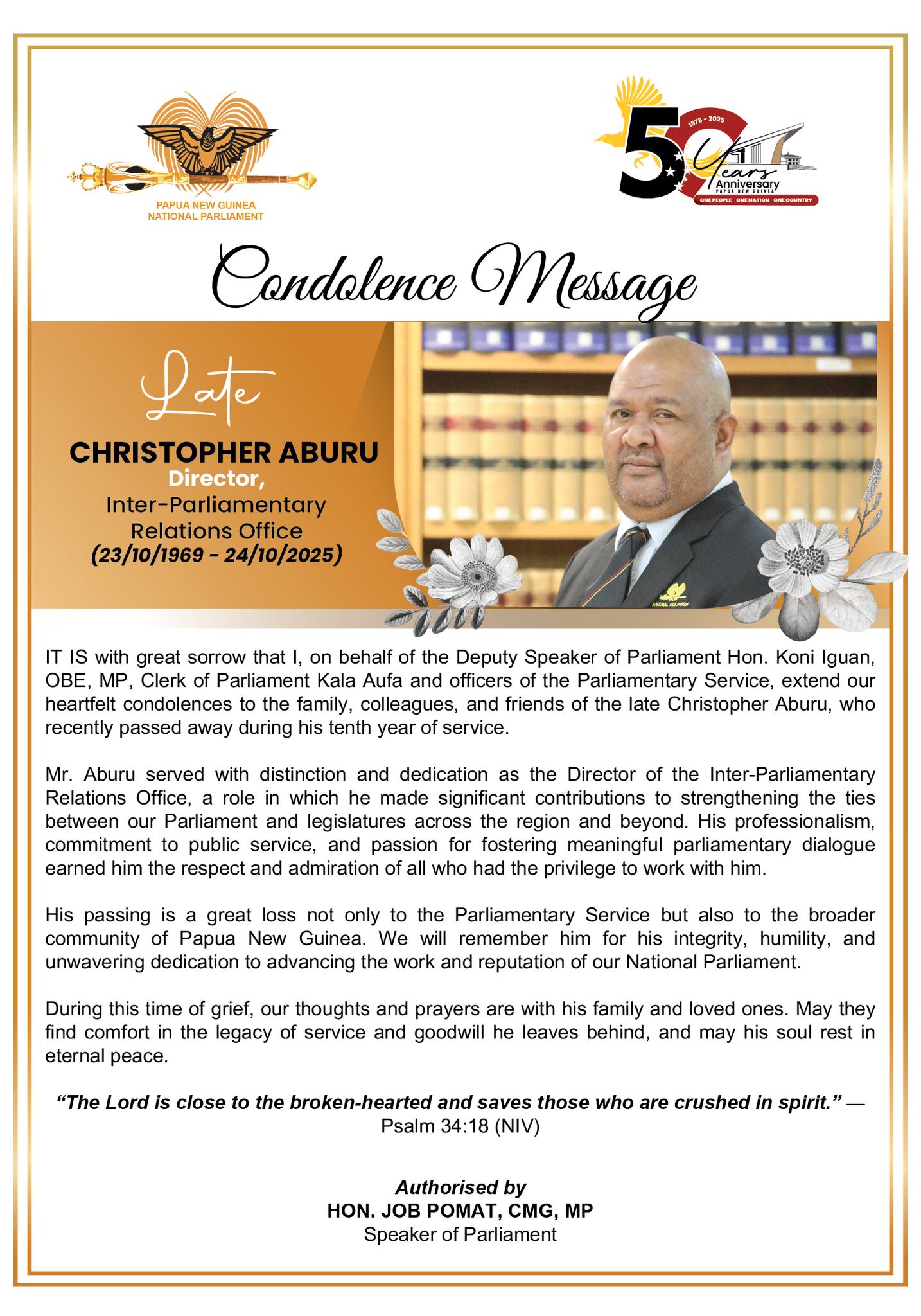 CONDOLENCE MESSAGES | From... - Papua New Guinea Parliament | Facebook