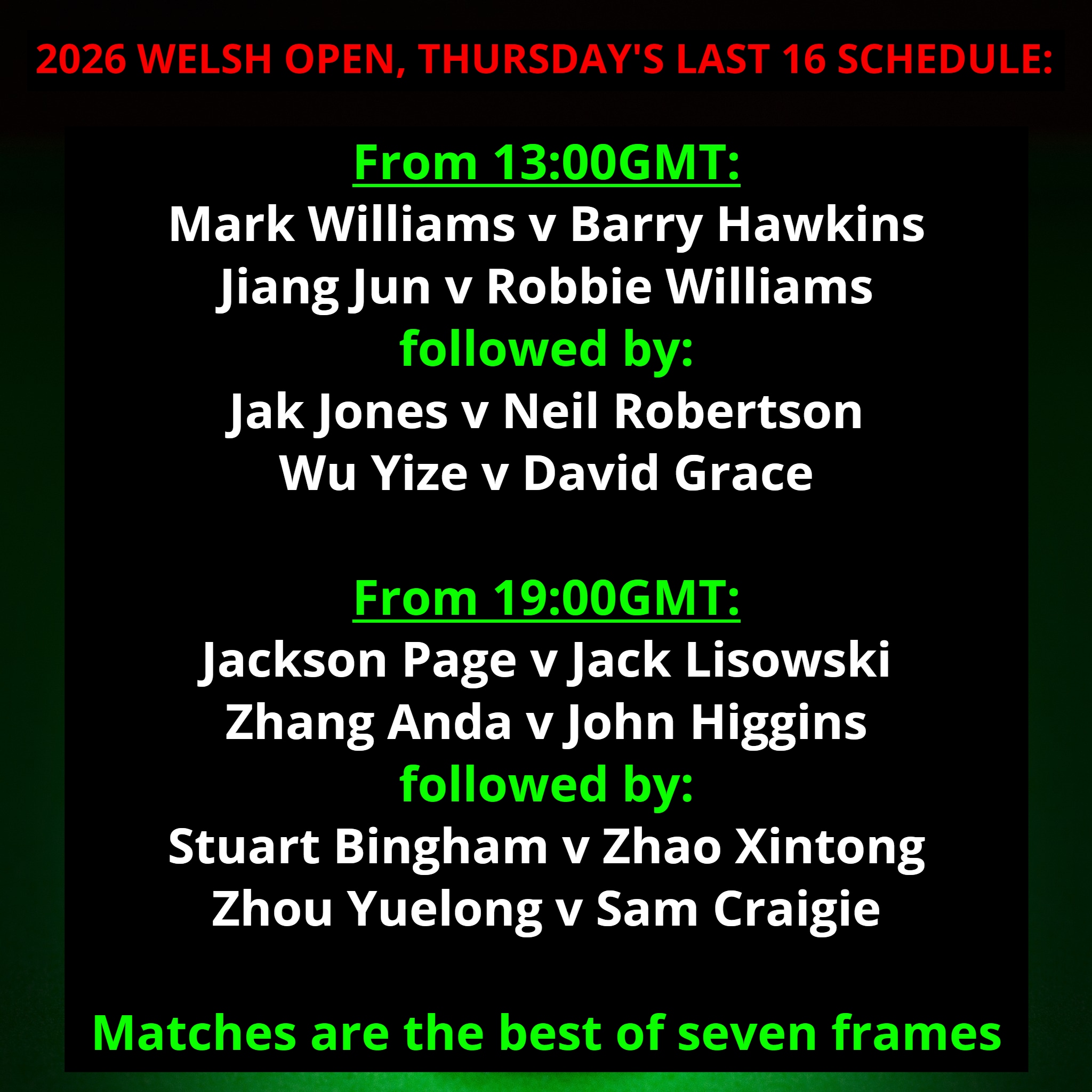 📋 Thursday's schedule at the Welsh... - Totally Snookered | Facebook