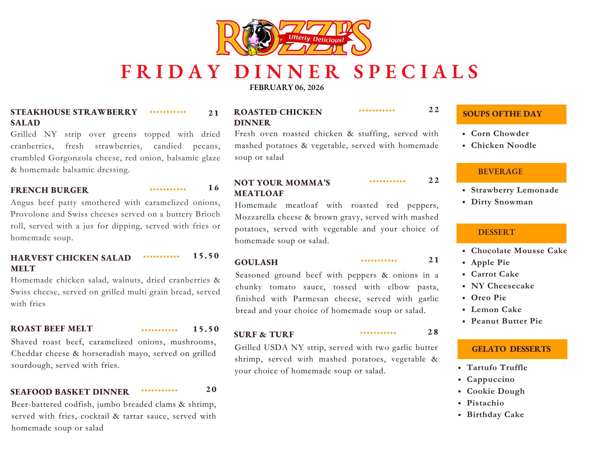 ROZZI'S - 🍽️ Friday Dinner Specials Are Here! 🍽️ Join us tonight and ...