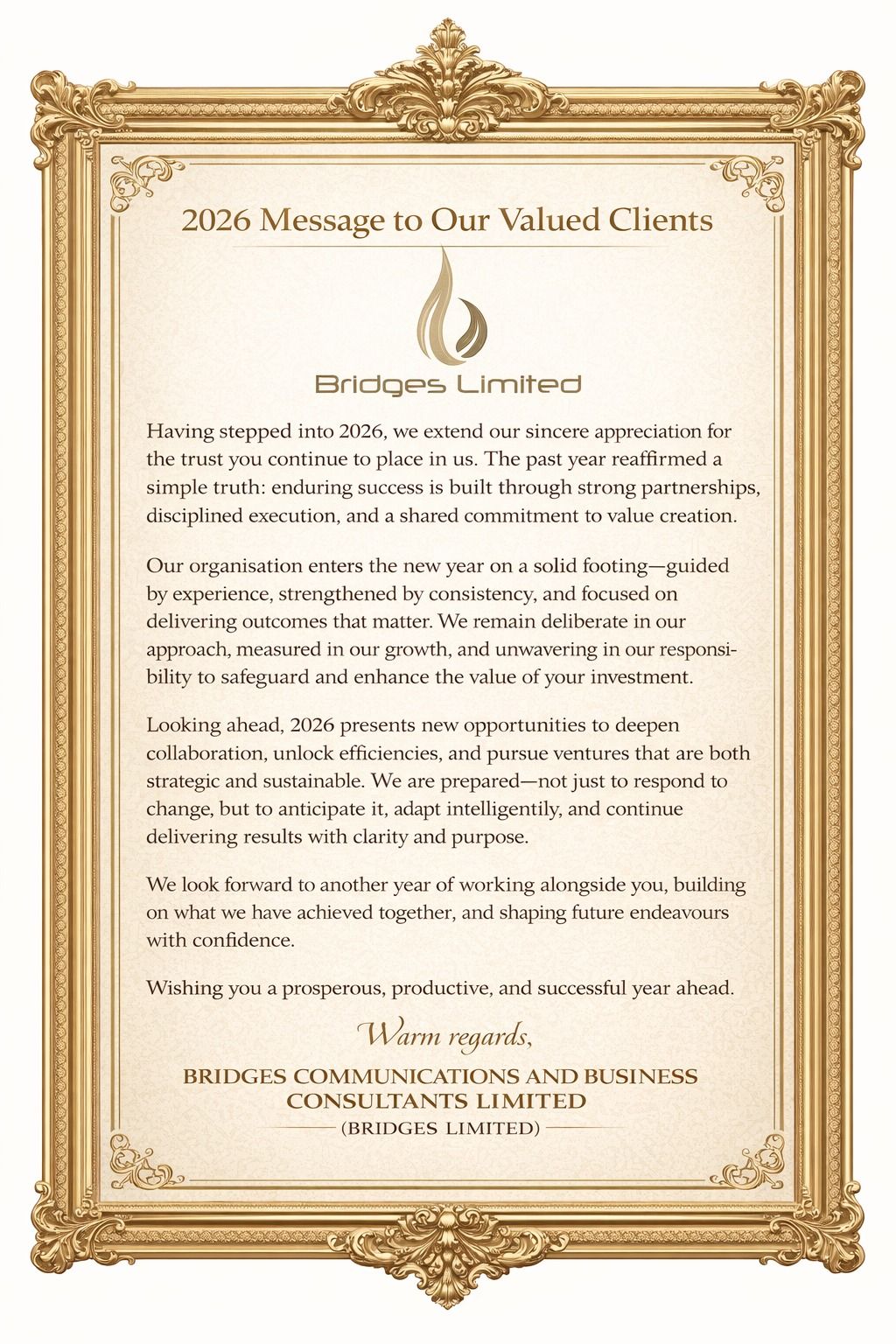 Bridges-Limited - 2026 Message to Our Valued Clients Having stepped ...