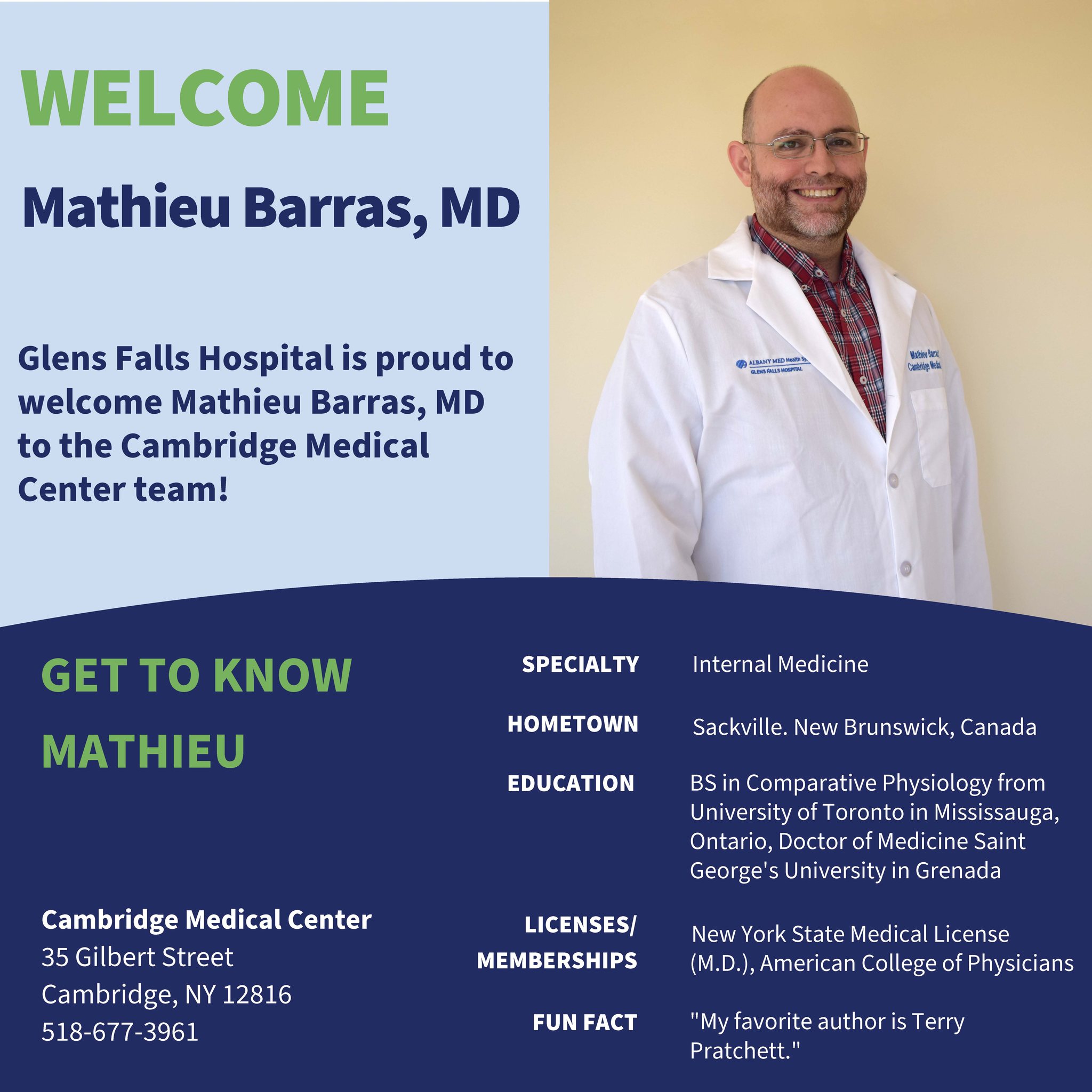 Meet Mathieu Barras, MD! We are... - Glens Falls Hospital | Facebook