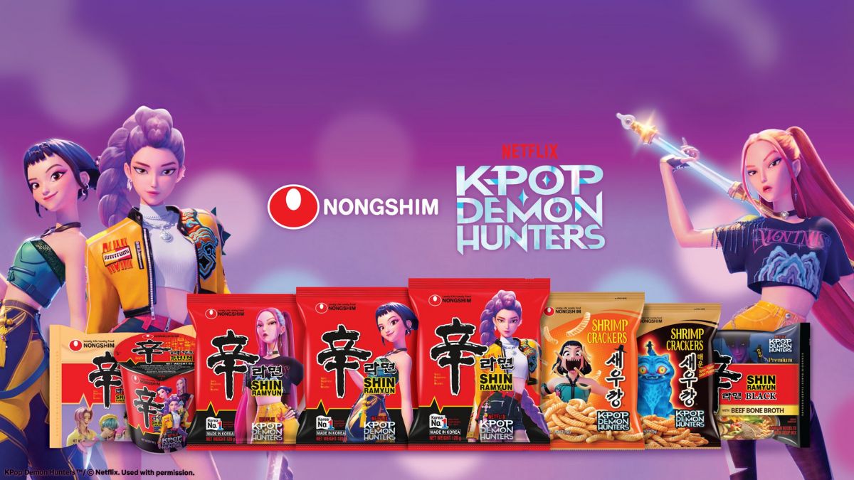 Rumi, Zoey, Mira, and Zoey brand Ramen noodles from Kpop Demon