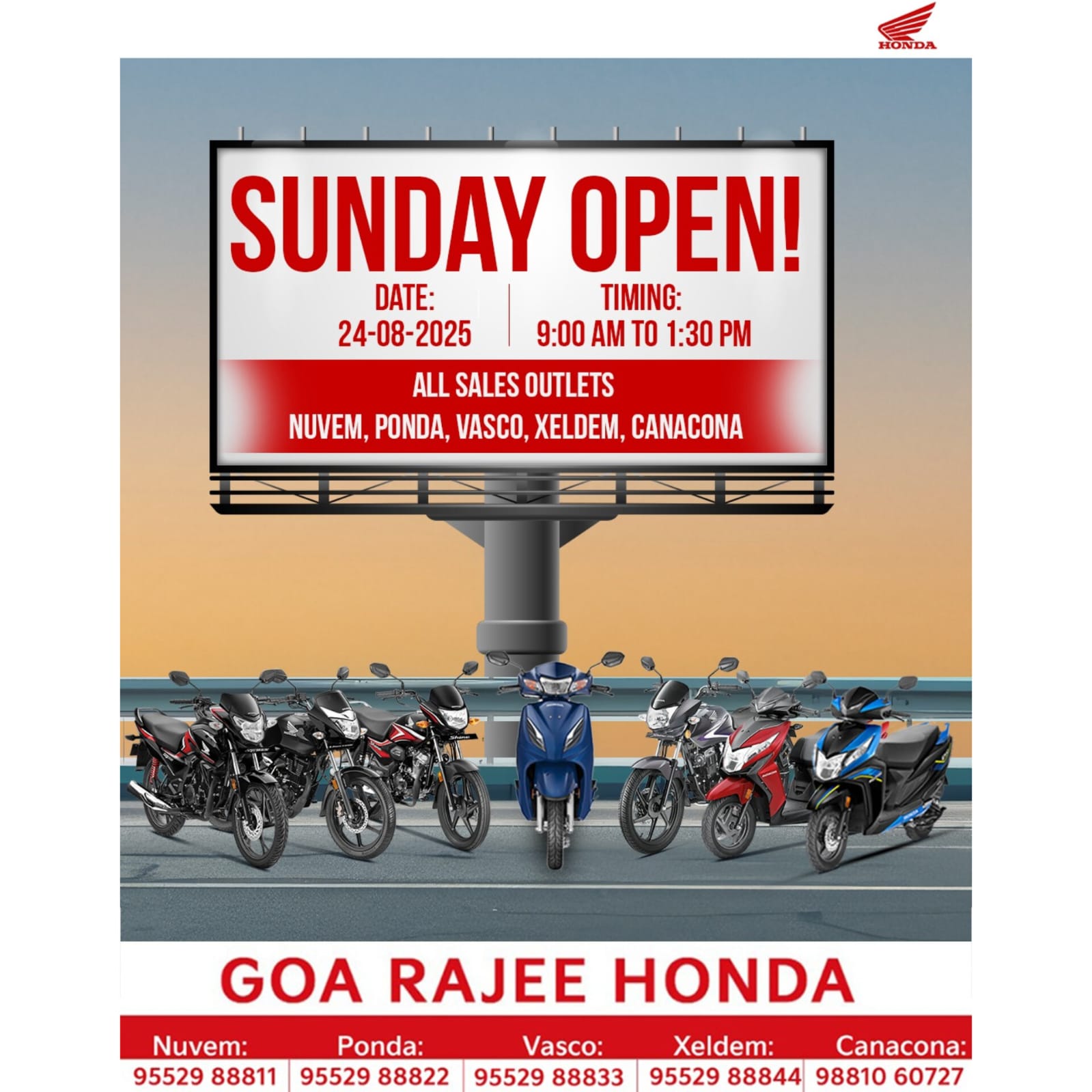 ✨ Good news, Goa! ✨ Goa Rajee Honda is OPEN this Sunday across