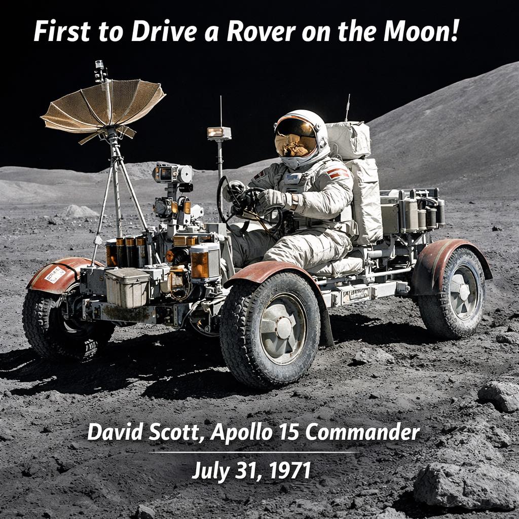 First human drive on the moon with Apollo 15's lunar rover