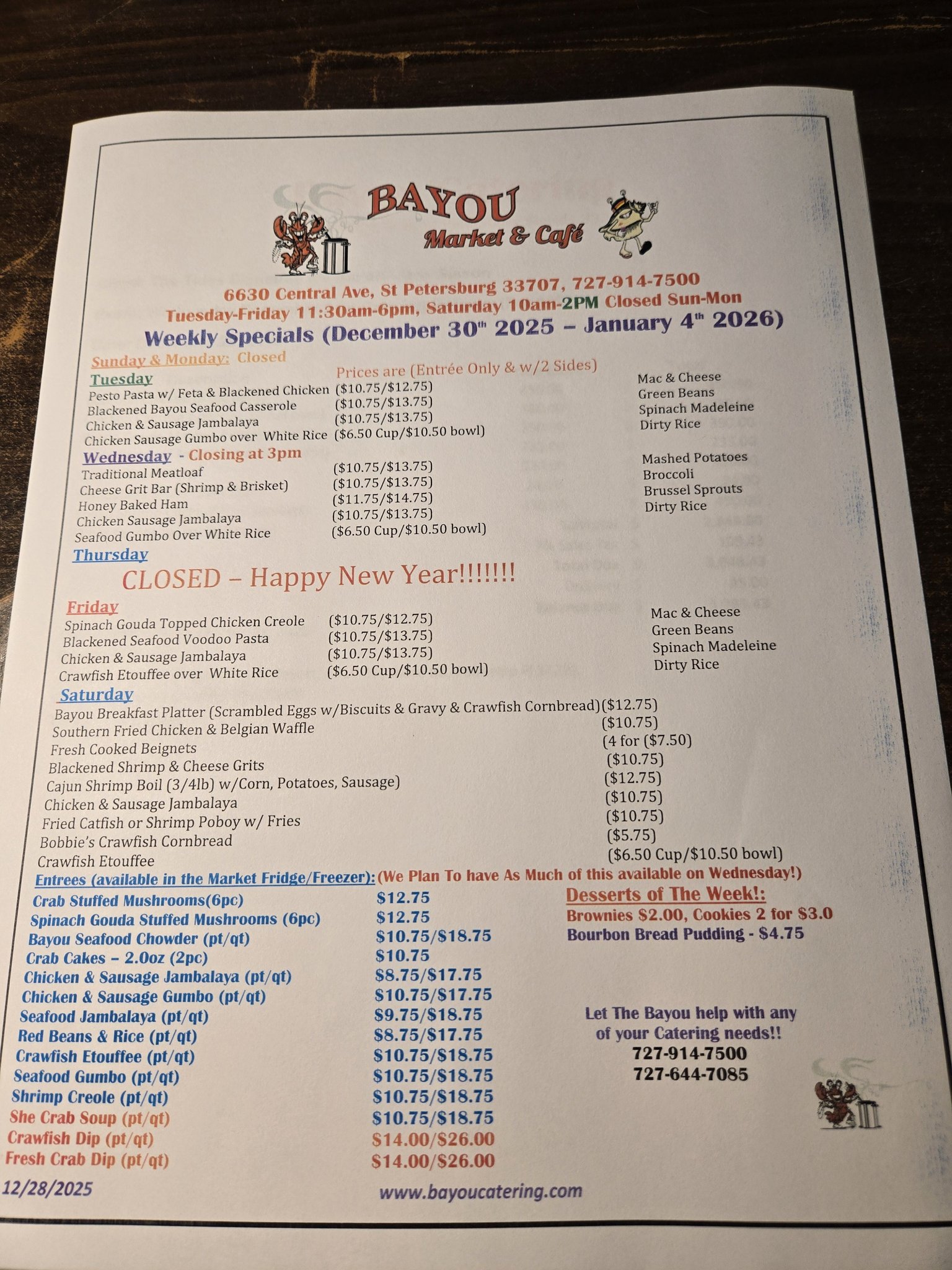 Bayou - Please check out the last menu from the Bayou for 2025...and ...