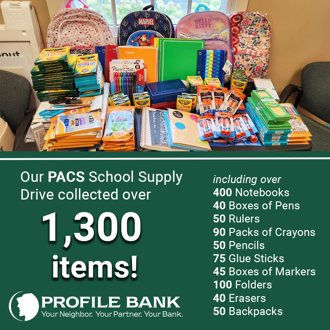 Profile Bank - 🎒 ️ Over 1,300 school supplies collected!... | Facebook