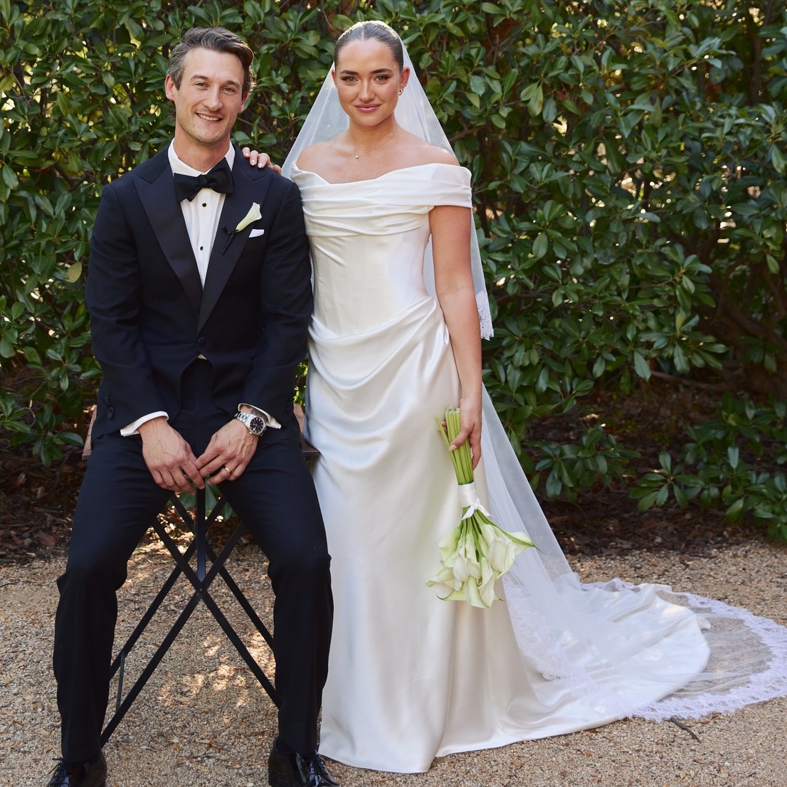 Millie in her timeless custom gown — sleek, refined, and effortlessly elegant 🤍 ✨ Featuring a structured corset bodice, soft draped skirt, and delicate off-the-shoulder straps, Millie's gown was the perfect balance