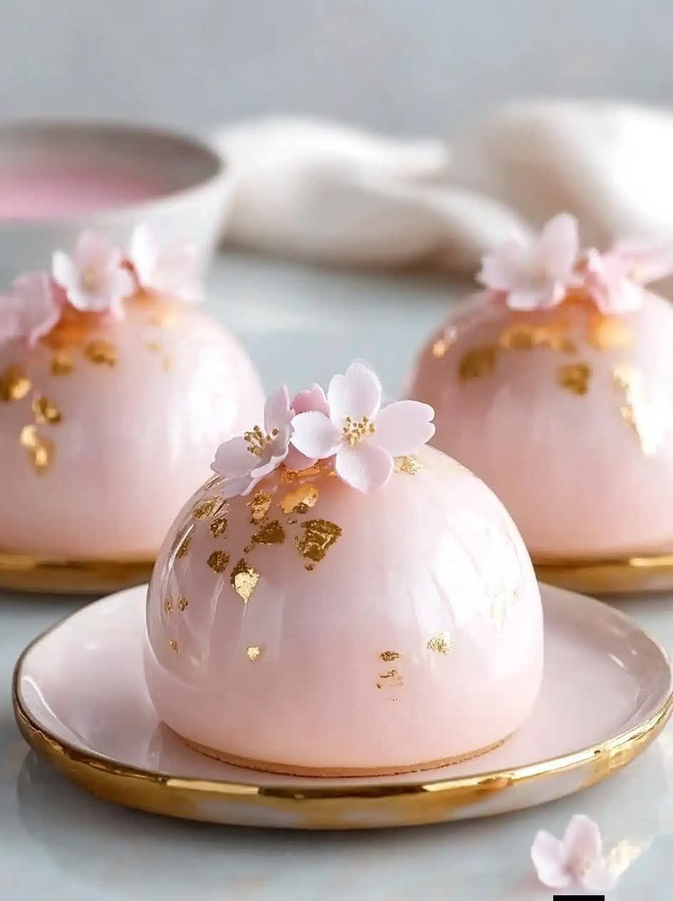 Elegant Sakura Cherry Blossom Mousse Domes with Glossy White