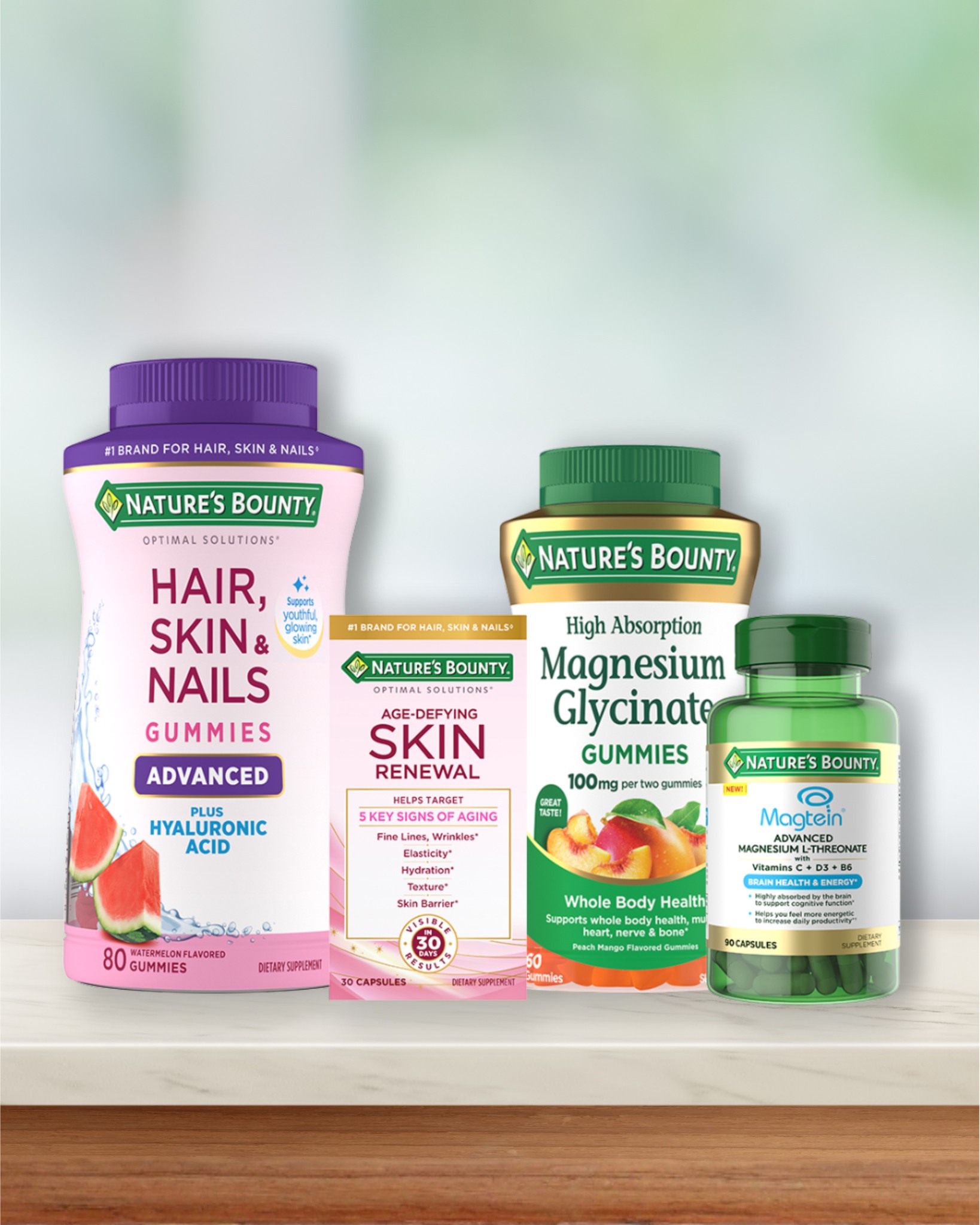The wait is over. Say hello to the next chapter of wellness with our newest Nature's Bounty products*💚🌱​ 🍉 Advanced Hair, Skin & Nails with Hyaluronic Acid Gummies​ 💓 Age-Defying Skin Renewal​