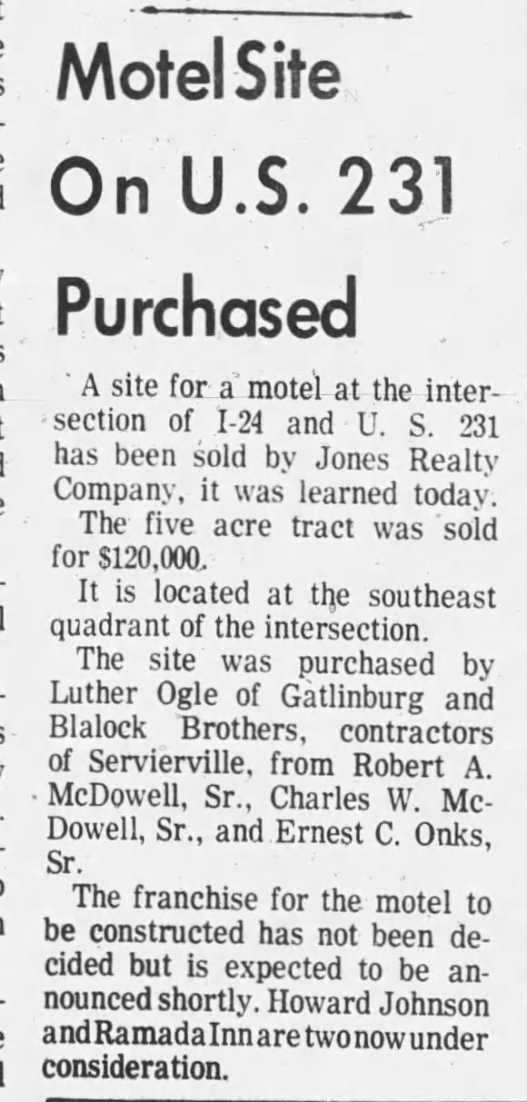 Rutherford - Motel Site on U.S. 231 and I-24 Purchased. And here come ...