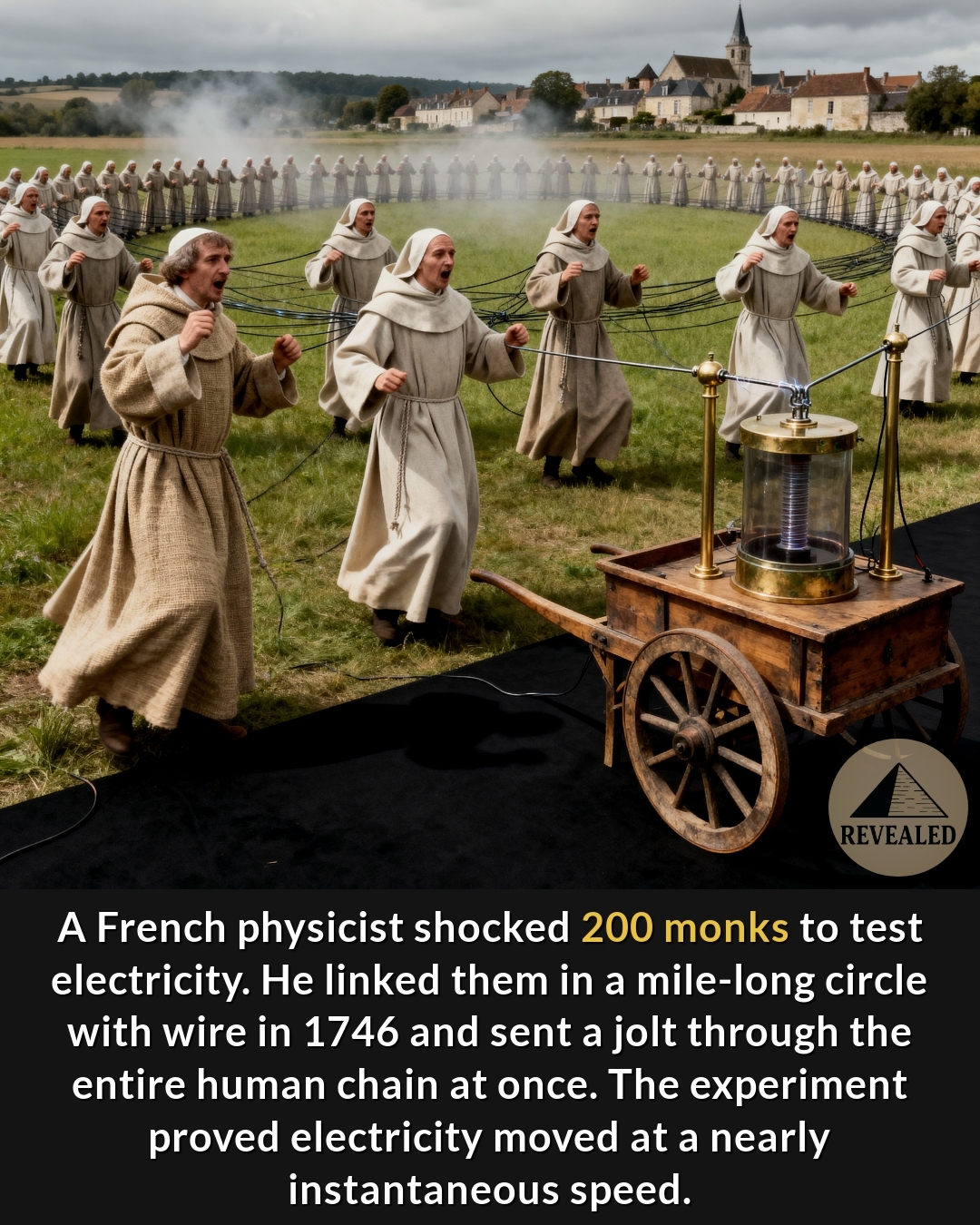 World Ancient History | In 1746, a French physicist lined up 200 monks ...