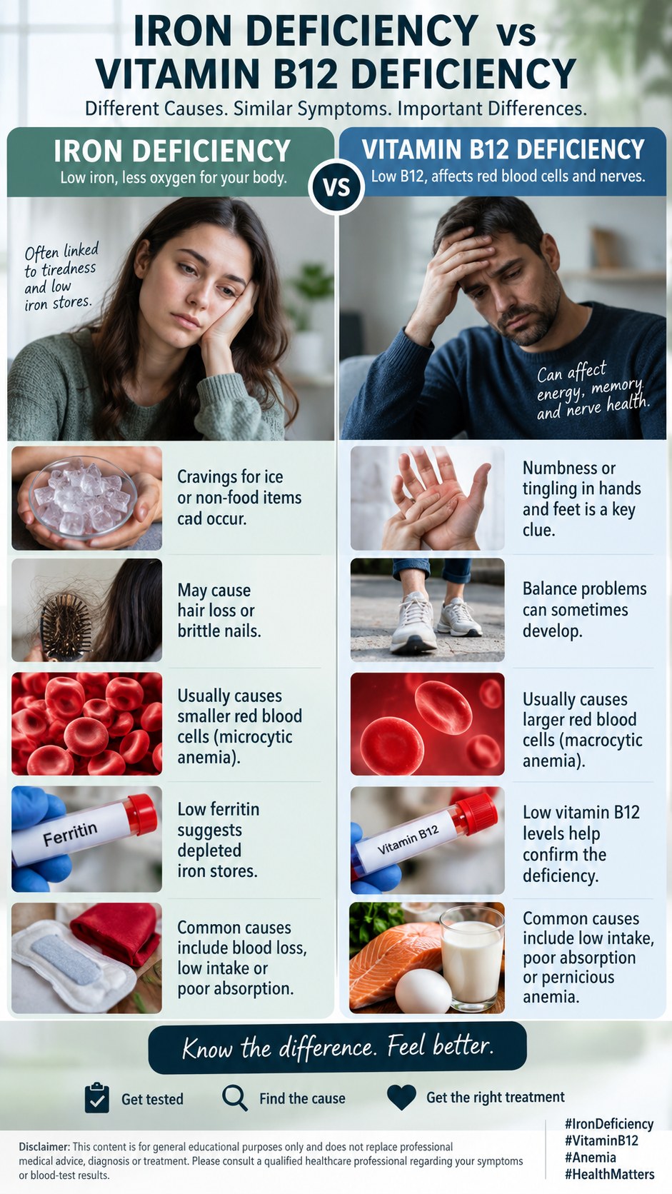 Iron deficiency vs vitamin B12 deficiency differences