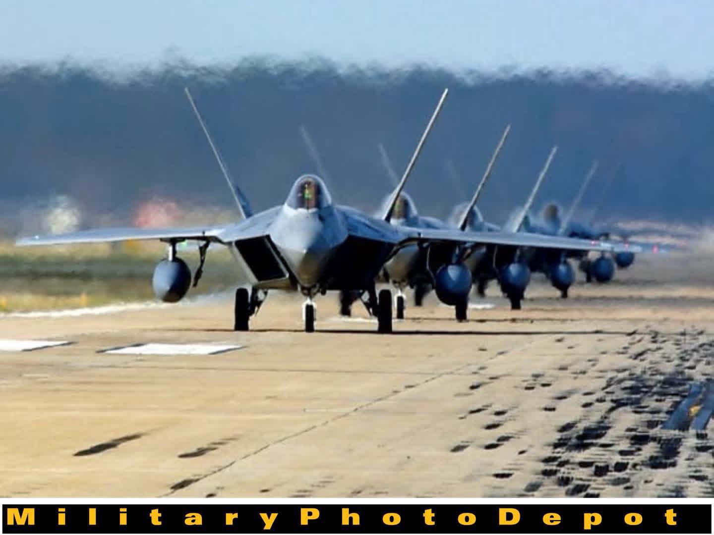 F-22 Raptors from the 1st Fighter Wing and 192nd Fighter Wing taxi