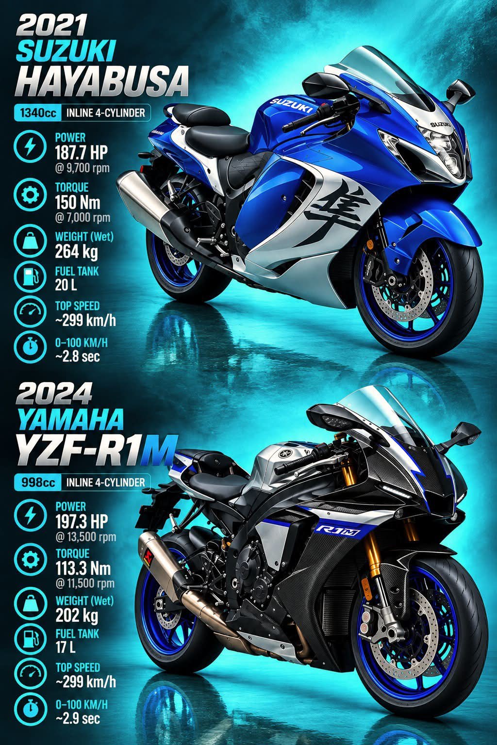 ジョーカー The 2021 Suzuki Hayabusa and 2024 Yamaha YZF-R1M represent two